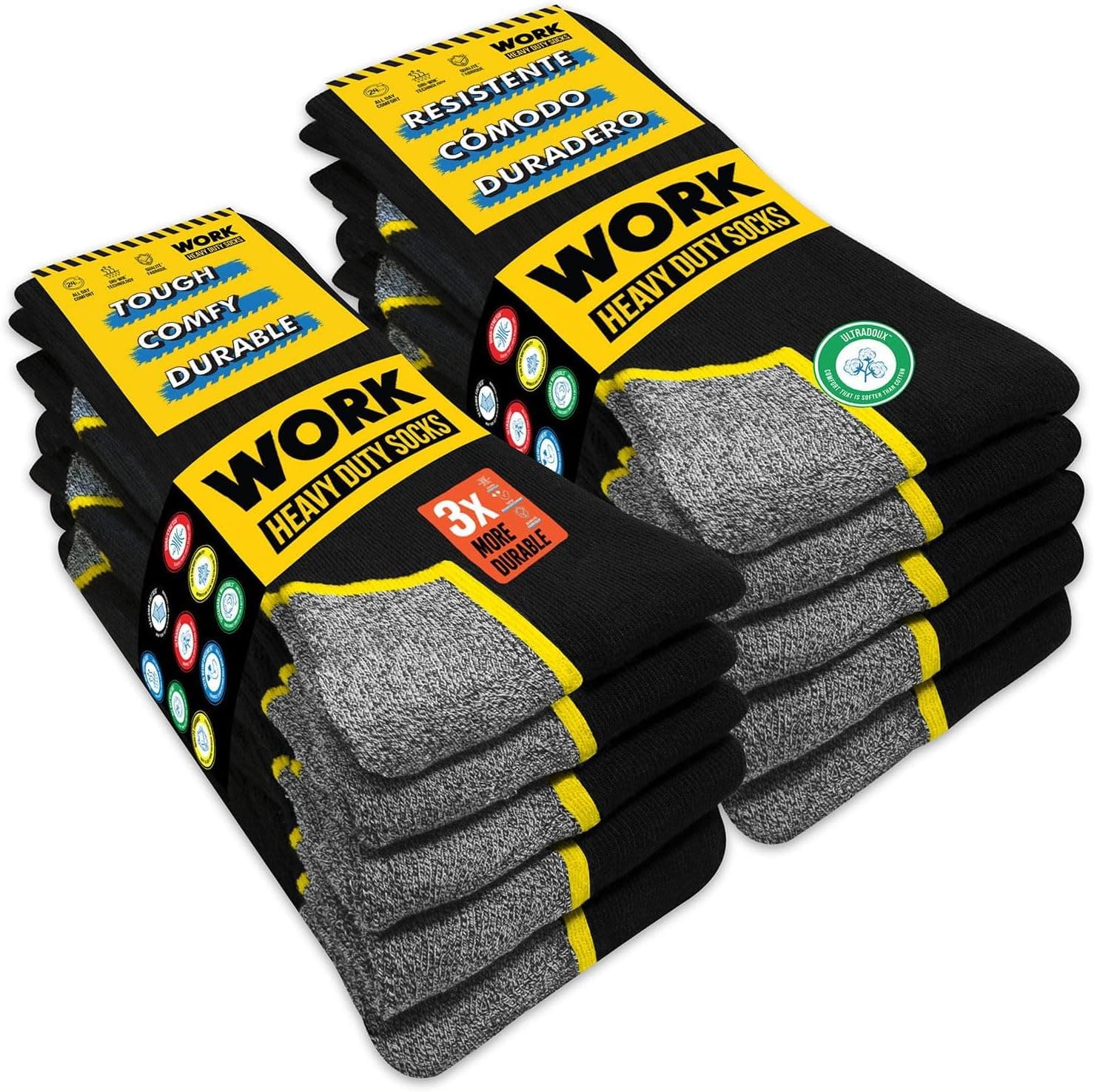 SOXCO 10 Paires Chaussettes de travail noires homme, mi-mollet | Technologie DRI-WIK d’évacuation de l’humidité | Ultra douce et coussinée | Talon et pointe renforcés | WORK Socks Lot de 6/10 paires