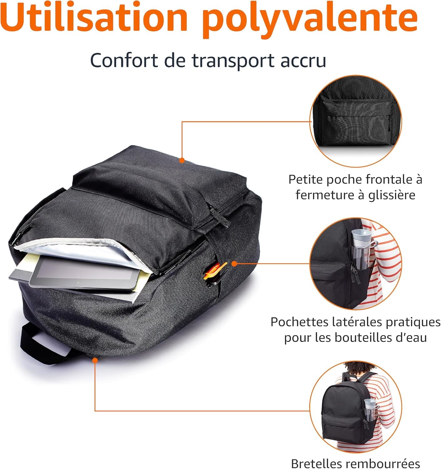 Amazon Basics, Sac à Dos Classique/Décontracté/Scolaire, Noir, Lot de 1