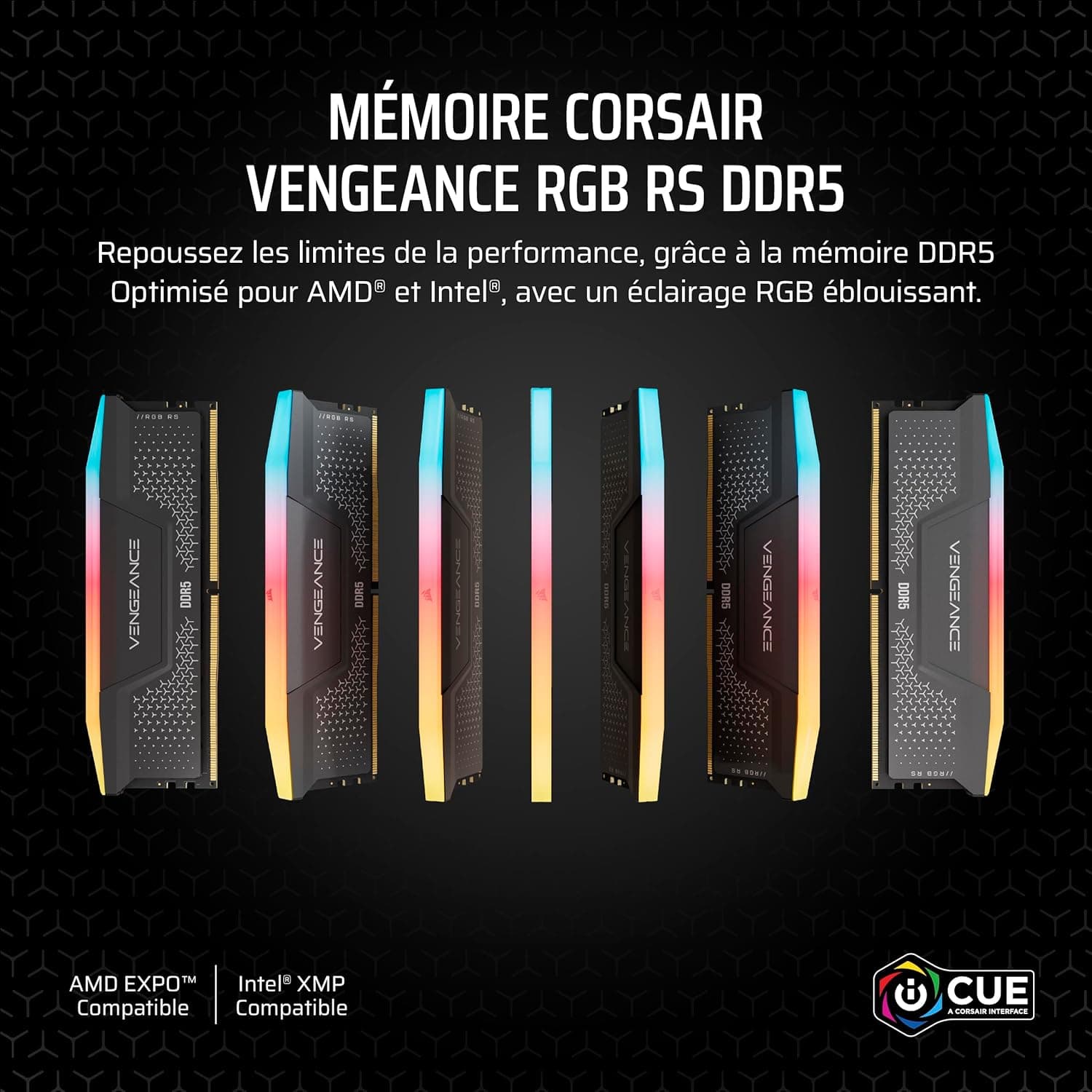 CORSAIR Vengeance RGB RS DDR5 16Go (2x8Go) Jusqu'à 6000MHz AMD Intel RAM | Mémoire pour Ordinateur de Bureau, Compatible AMD EXPO et Intel XMP 3.0, CL36, Gris, (CMG16GX5M2E6000Z36)