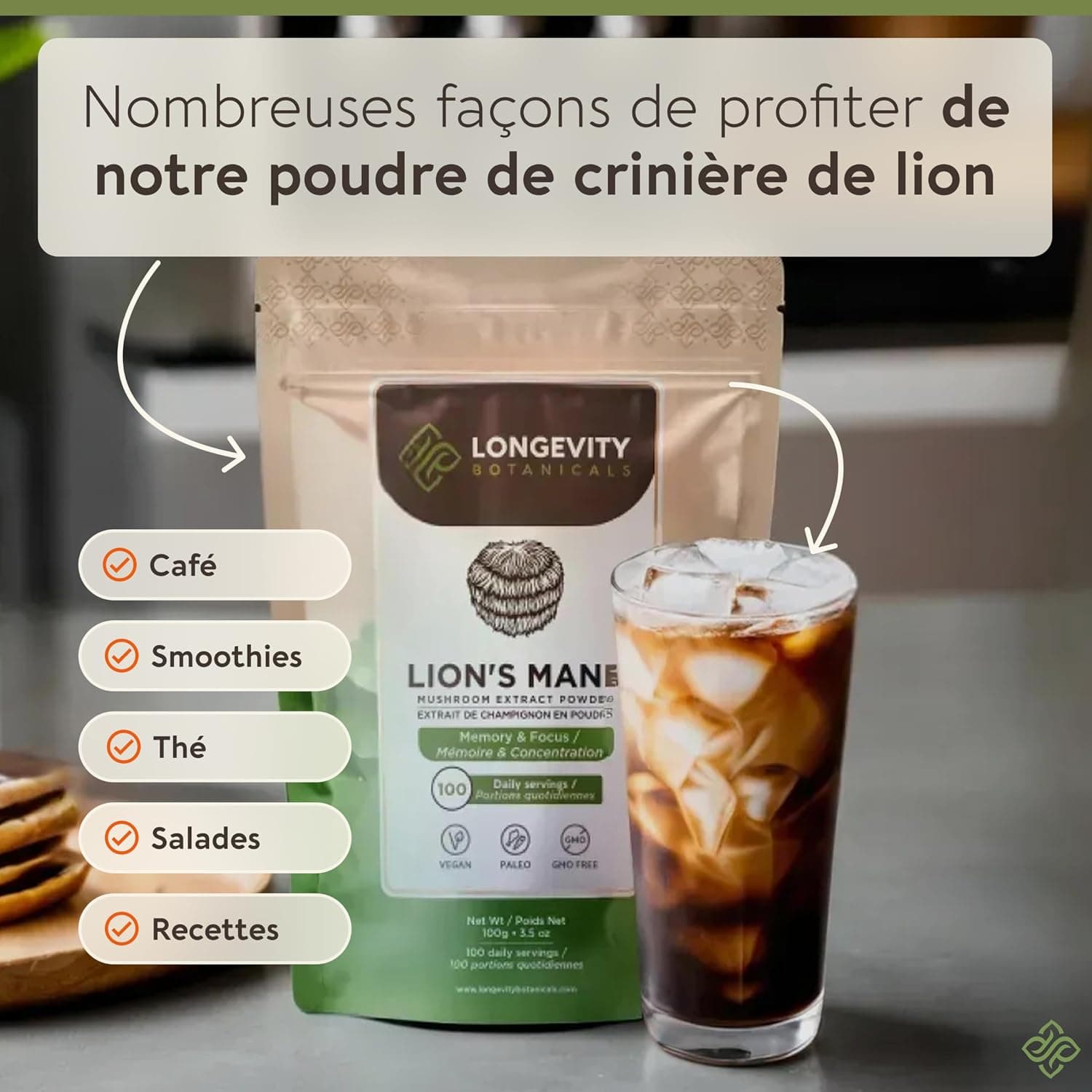 Naturel Lion's Mane Mushroom en poudre, extrait | Hericium erinaceus