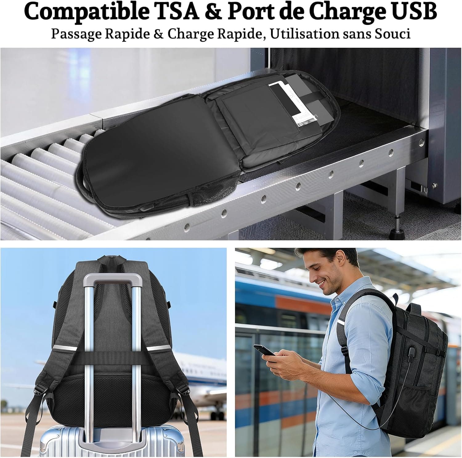 Sac à Dos Ordinateur 17,3 Pouces Homme, Sac PC Grande Capacité 35L Imperméable avec Port USB, Sac à Dos Antivol pour Travail, Université et Voyage Cabine