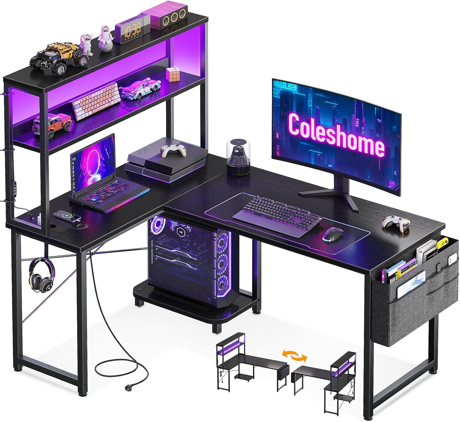 Coleshome Bureau Gaming Angle avec LED et Prises,110x80cm, Noir