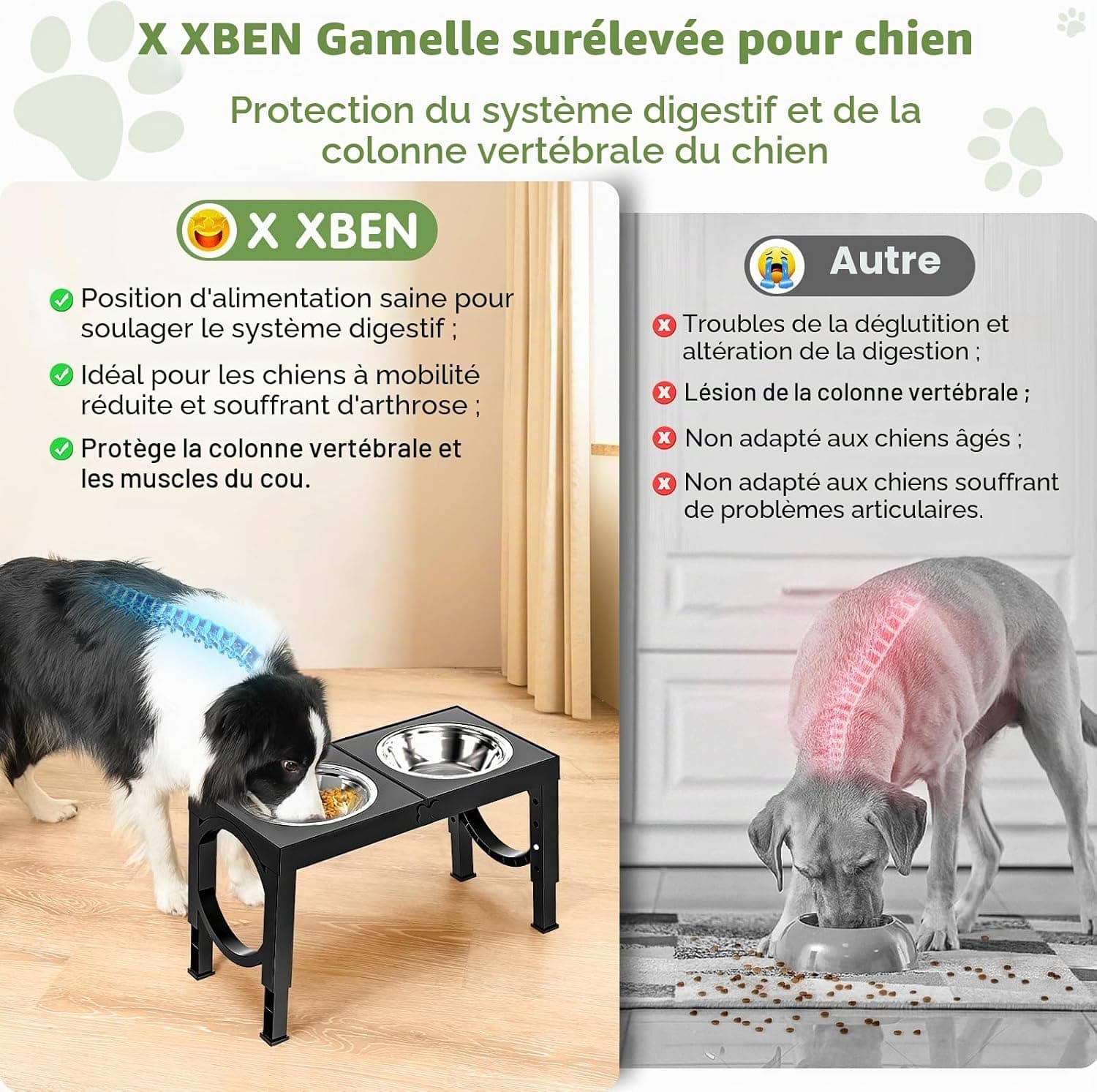 X XBEN Gamelle Chien Surélevées de 5 Hauteurs Ajustables, Gamelle pour Chien avec 2 Bols en Acier Inoxydable de 1,5L, Pliable, Antidérapant, Convient aux Petits, Moyens et Grands Chiens