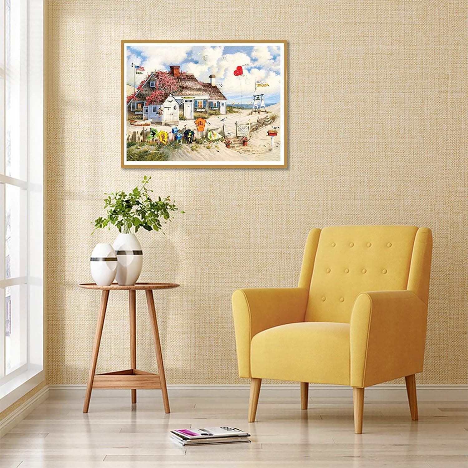 Reofrey Diamond Painting 5D Diamant Peinture Plage Chalet DIY Cristal Strass Peinture Plein Forage Broderie Artisanat Point De Croix Chambre Salon Décoration Murale 30x40cm