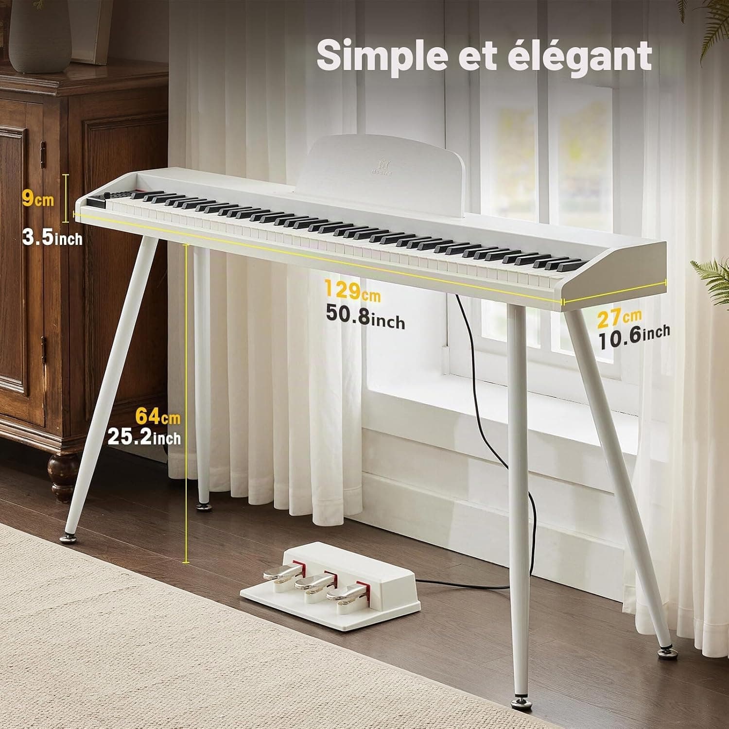 MUSTAR Piano numérique 88 touches pour débutants, clavier piano taille complète avec 3 unités de pédale, piano électrique portable, piano numérique pour la maison avec MIDI-USB et support, blanc