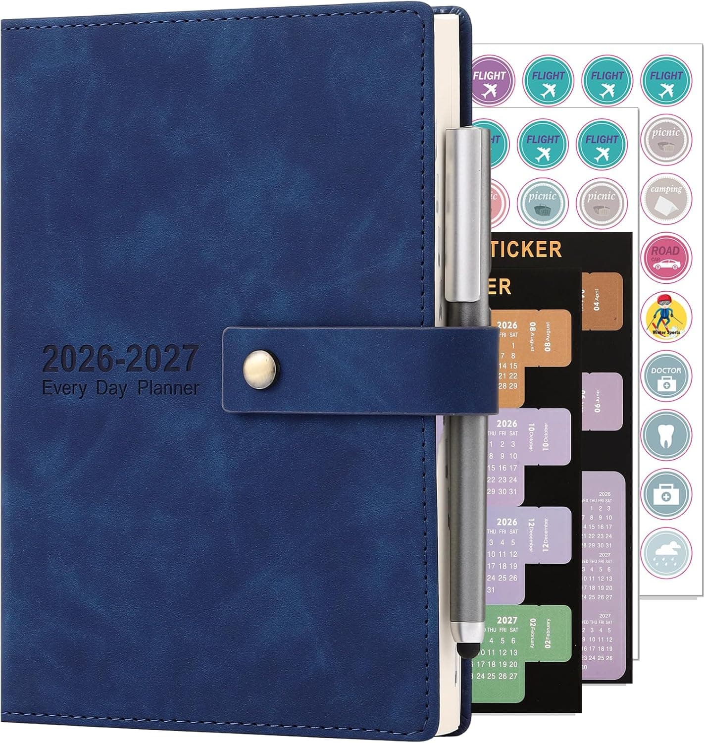Agenda académique journalier 2026-2027 de juillet 2026 à juin 2027 avec couverture rigide et stylo, marque-page, onglets mensuels, autocollants (bleu)