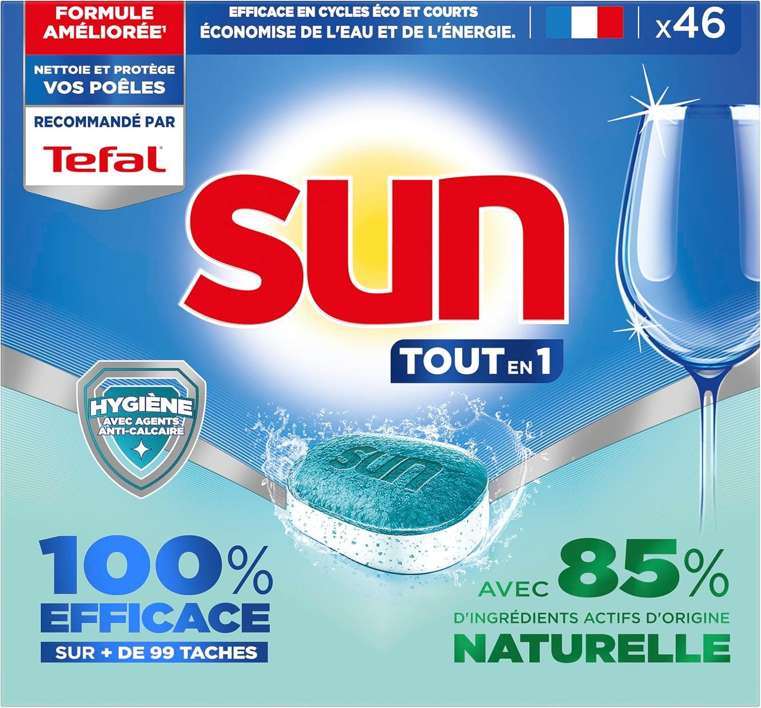 SUN - pastilles lave-vaisselle Tout en 1 Hygiène - 46 tablettes - avec 85% d'ingrédients d'origine naturelle - 100% efficace sur + de 99 taches