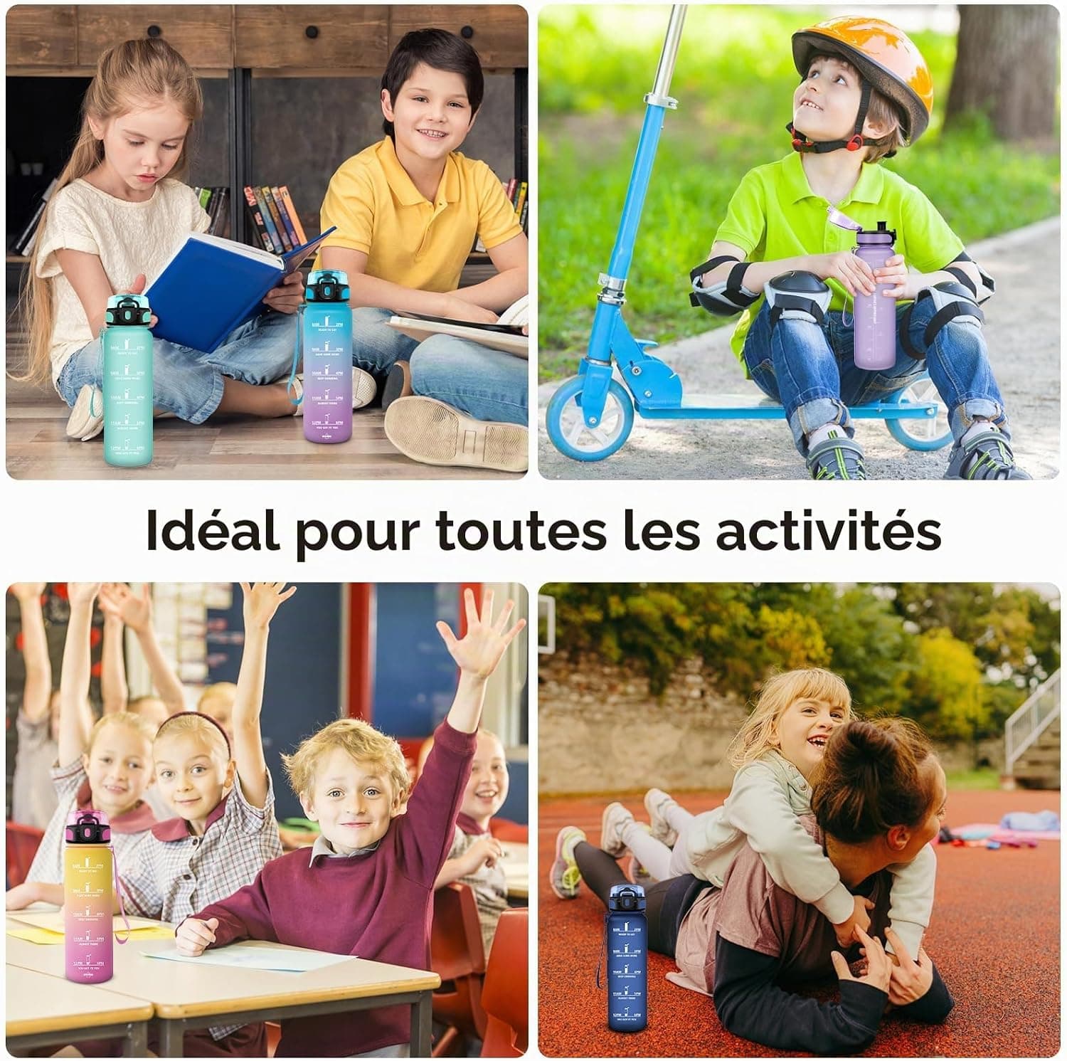 KollyKolla Gourde 500ml, Bouteille d'eau Enfant, Étanche & Réutilisable, Gourde Sport avec Marqueur de Temps, sans BPA, Gourde Motivation pour Enfant, Adulte, Cyclisme, Bureau, l'école, Camping