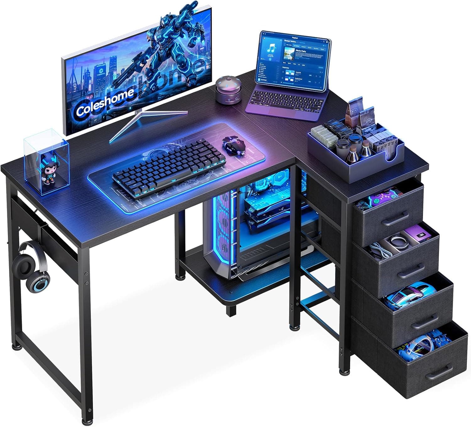 Coleshome Bureau Gaming d'angle avec 4 Tiroirs, 100 x 70 cm, Noir