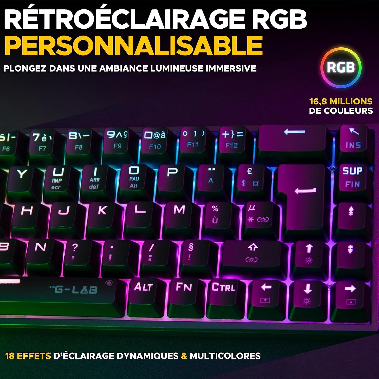 The G-Lab Keyz Titanium Noir - Clavier Gaming Mécanique 65% RGB AZERTY FR | Filaire USB, Format 65%, Switch Rouge Mécanique, RGB 100% Personnalisable, Anti-Ghosting, Macros Programmables