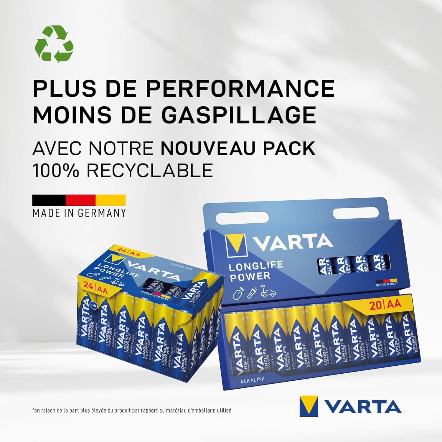 VARTA Piles AA, 10+10 (lot de 20), Longlife Power, Alcalines, 1,5V, emballage recyclé à 90%, adaptées aux jouets, souris sans fil, lampes de poche, Made in Germany | pile AA LR6, Made in Germany, conservation jusqu'à 10 ans, pour console de jeux, brosse à dents, souris ou manette