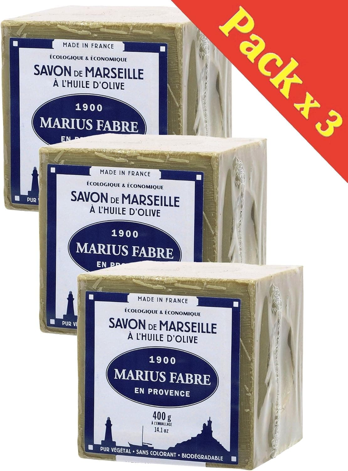Marius Fabre - SAVON DE MARSEILLE - l'Huile d'Olive Cube de 400 Gr - Lot de 3 Cubes 400 Gr