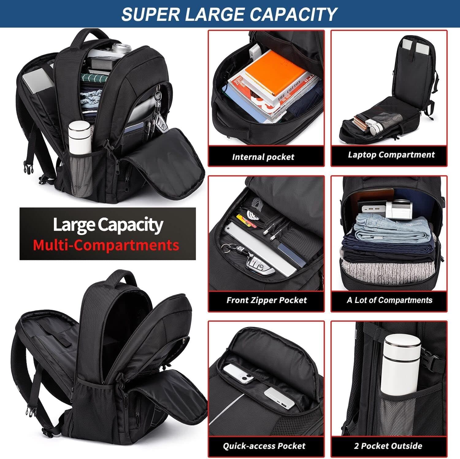 Sac à Dos Homme Grand 55L 18.4 Pouces Antivol Imperméable avec Chargement USB pour Ordinateur Portable Voyage Affaires Loisir Scolaire Collège - Noir