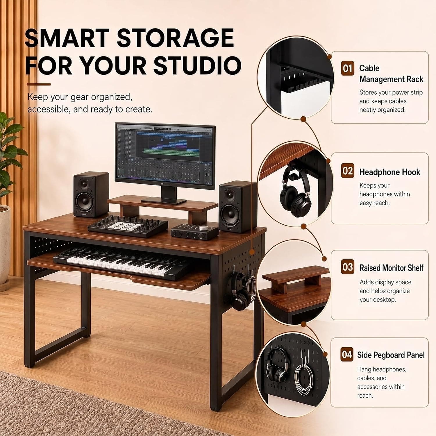 Bureau Studio Musique avec Plateau Coulissant pour Clavier, 61/88 Touches MIDI et Piano numérique, Bureau avec Rangement(61 Touches(120 * 60cm))