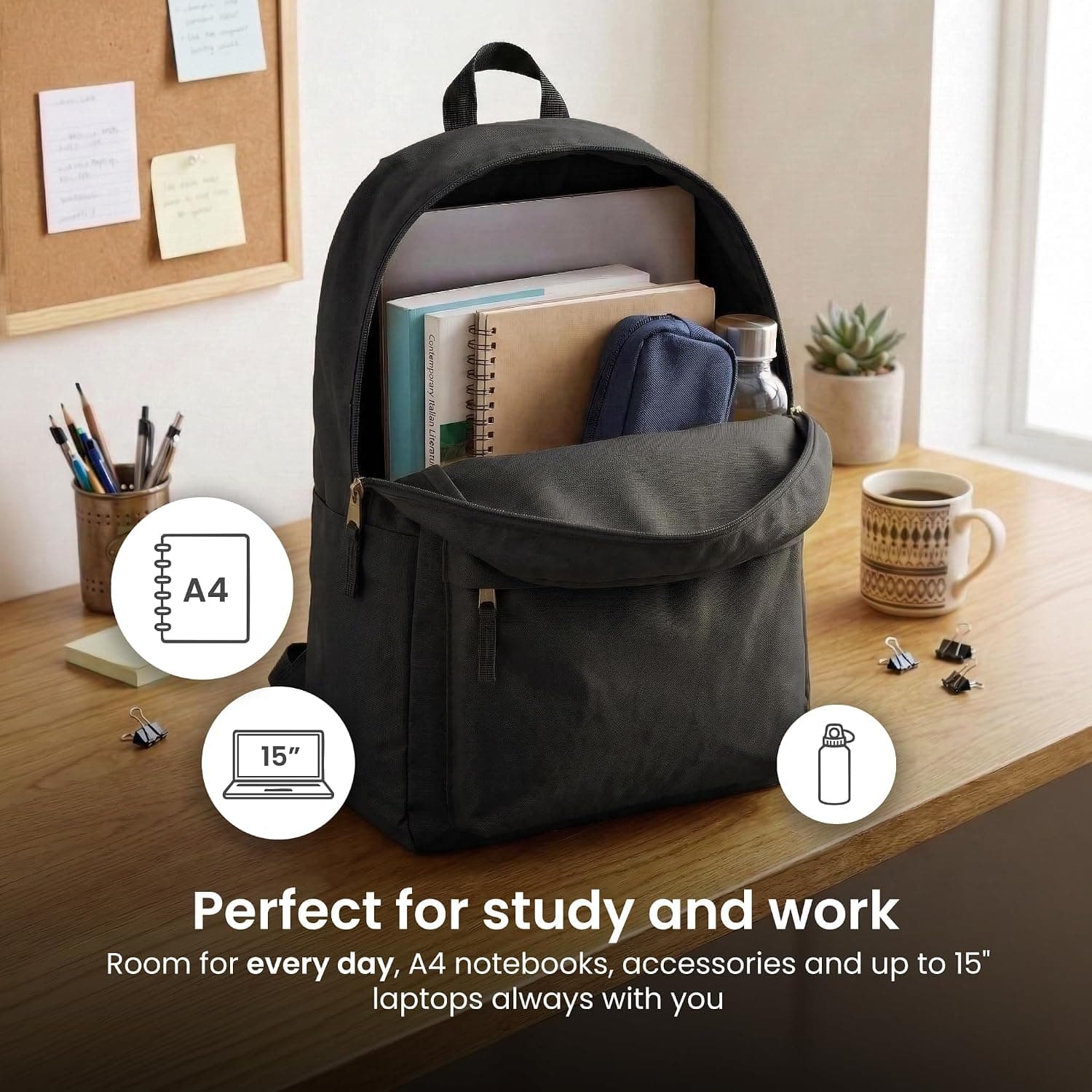 Sac à Dos Casual Unisexe Multifonction 30x15x40 cm – Sac Travail, École et Voyage avec Poches Multiples et Fermeture Zippée – Léger en Polyester 600D PVC – Sac à Dos Spacieux Quotidien (Noir)