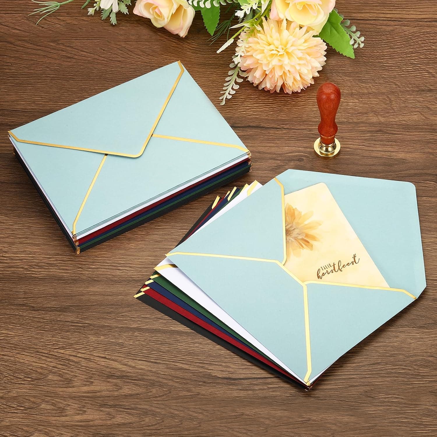 PATIKIL 100 Paquet A7 Enveloppes 5 x 7 Carte Noël Enveloppes V Rabat Enveloppe avec Or Bordures pour Bureau Mariage Cadeaux Cartes, Invitations, Photos, Graduation (Champagne)