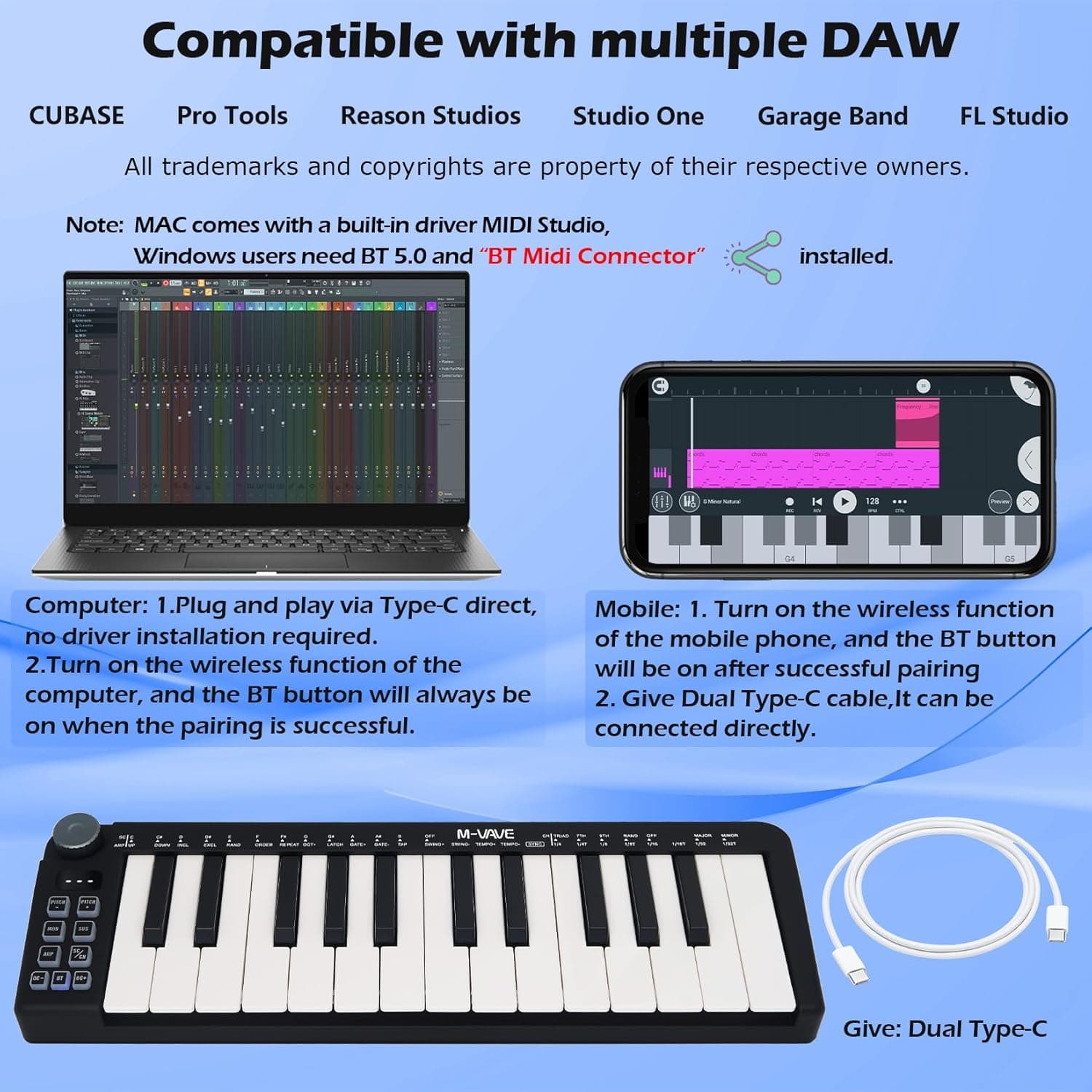 M-VAVE Mini clavier 25 touches - Beat maker professionnel et Keytar pour la production musicale au clavier Batterie intégrée Wireless Connect, Mini no PADS, Noir