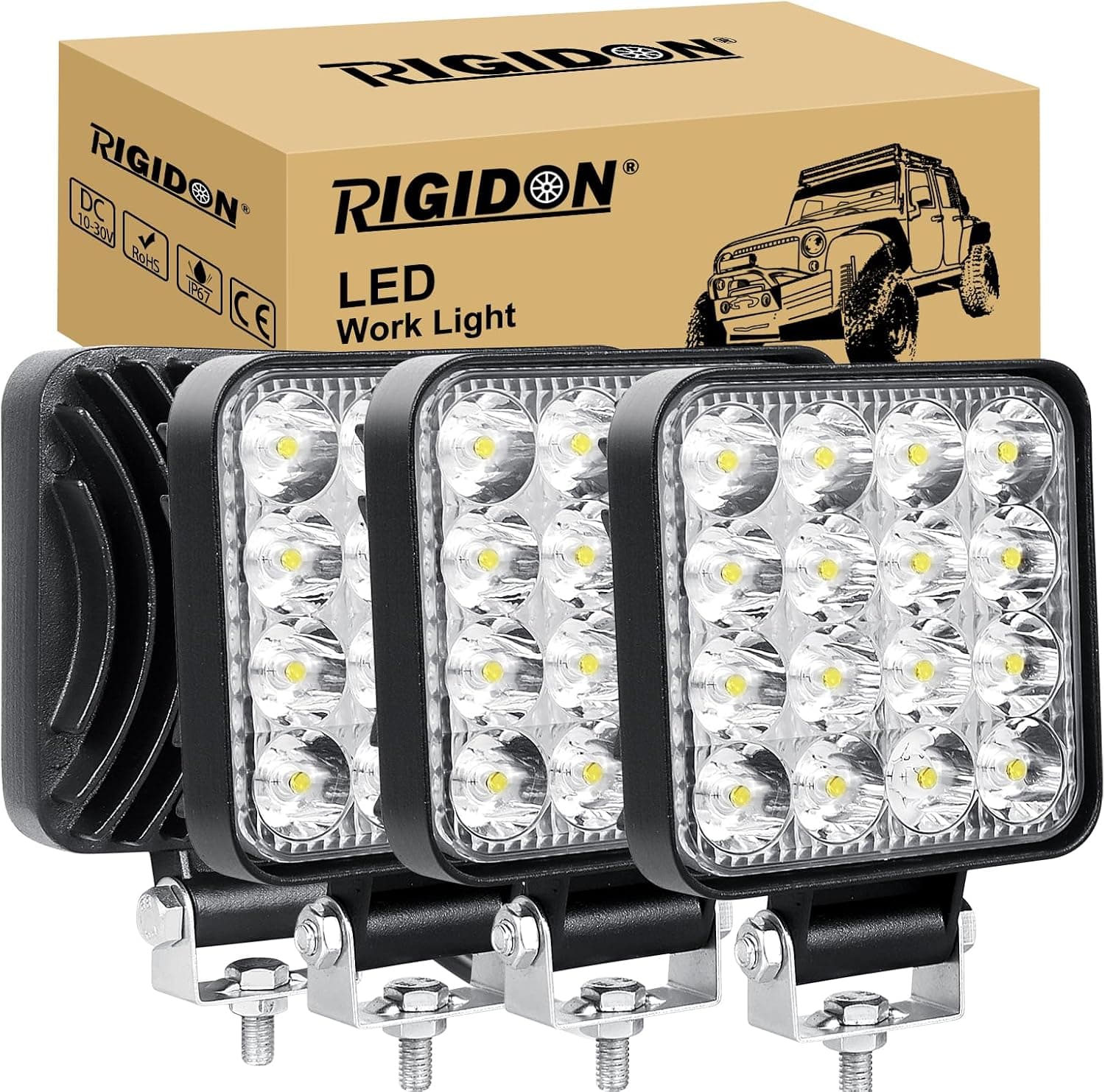RIGIDON 4x carré phare de travail led, 3,3 pouces mini 48W 12V 24V lampe | étanche, 6000K blanc, projecteurs lumière, feux de travail, feu antibrouillard, pour offroad Voiture camions ATV 4x4 tracteur