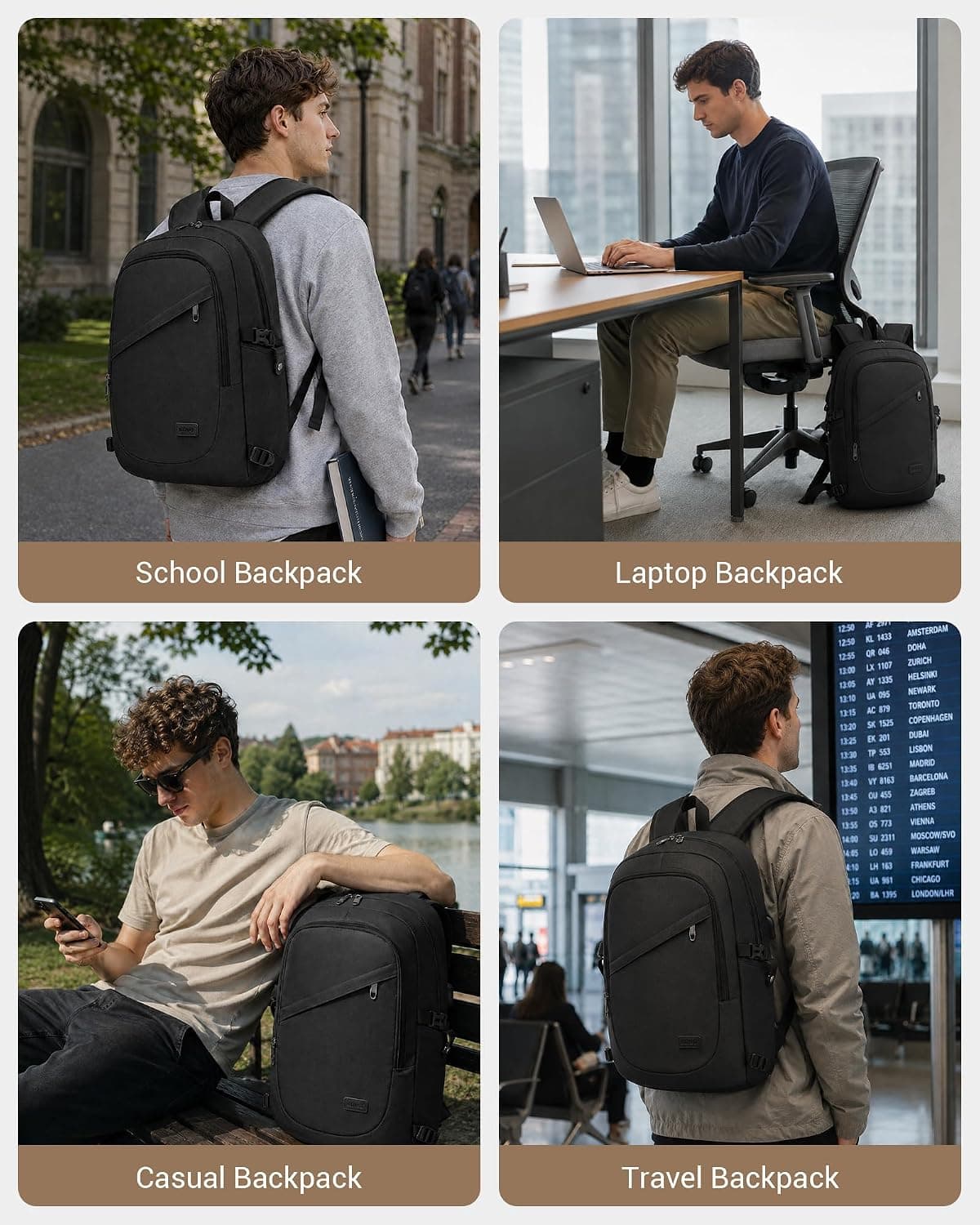 Kono Sac à Dos Ordinateur Portable Antivol avec Cadenas 15,6 Pouces Homme | Port USB, Compartiment PC Rembourré, Sac à Dos PC Portable, Homme Femme, Travail, Voyage, Vélotaf, Université, Noir