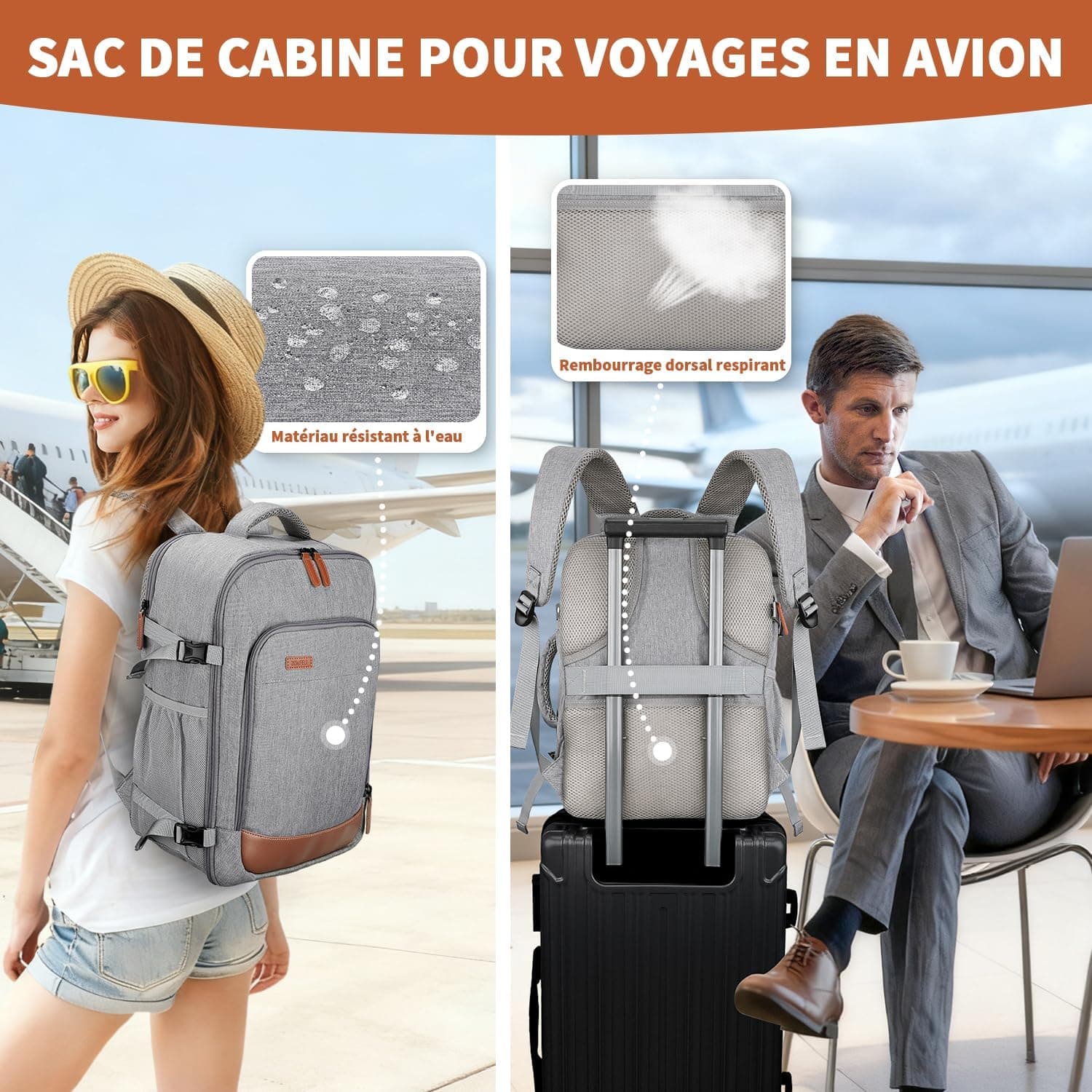 ZOMFELT Sac a Dos 40x30x20, 24L Sac a Dos Voyage Cabine Avion Hommes Femmes | sac cabine avion 40x30x20 pour Ryanair Wizzair Eurowings, Sac à Dos Adapté aux Ordinateurs Portables de 15,6 Pouces, Gris