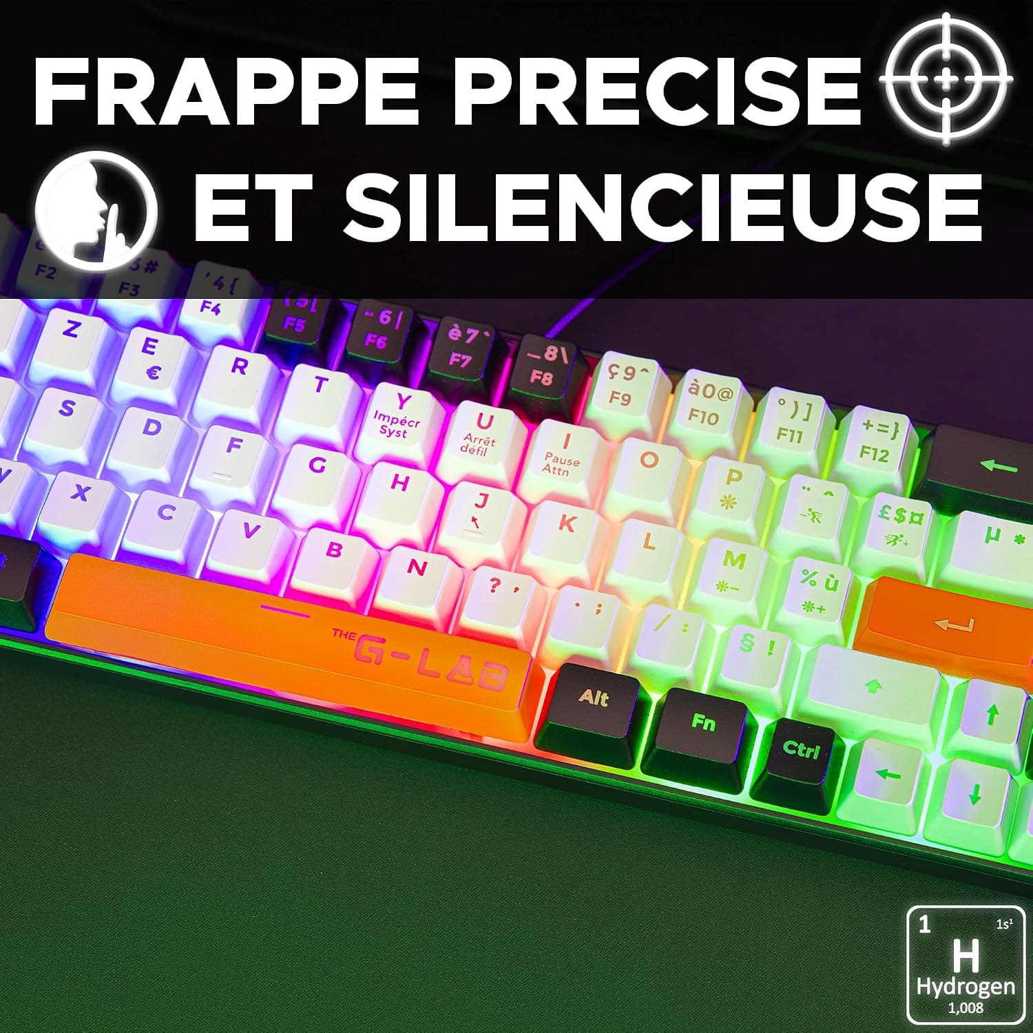 The G-Lab Keyz Hydrogen, Clavier Gamer 60%, Semi-mécanique Filaire Azerty, Rétroéclairage Multicolore- Mini Clavier Gamer Silencieux, Format Compact TKL - PC/PS5 (Noir/Blanc/Orange) | Filaire USB, Format 60% Compact, Semi-mécanique, Rétroéclairage Multicolore, Silencieux, Noir/Blanc/Orange