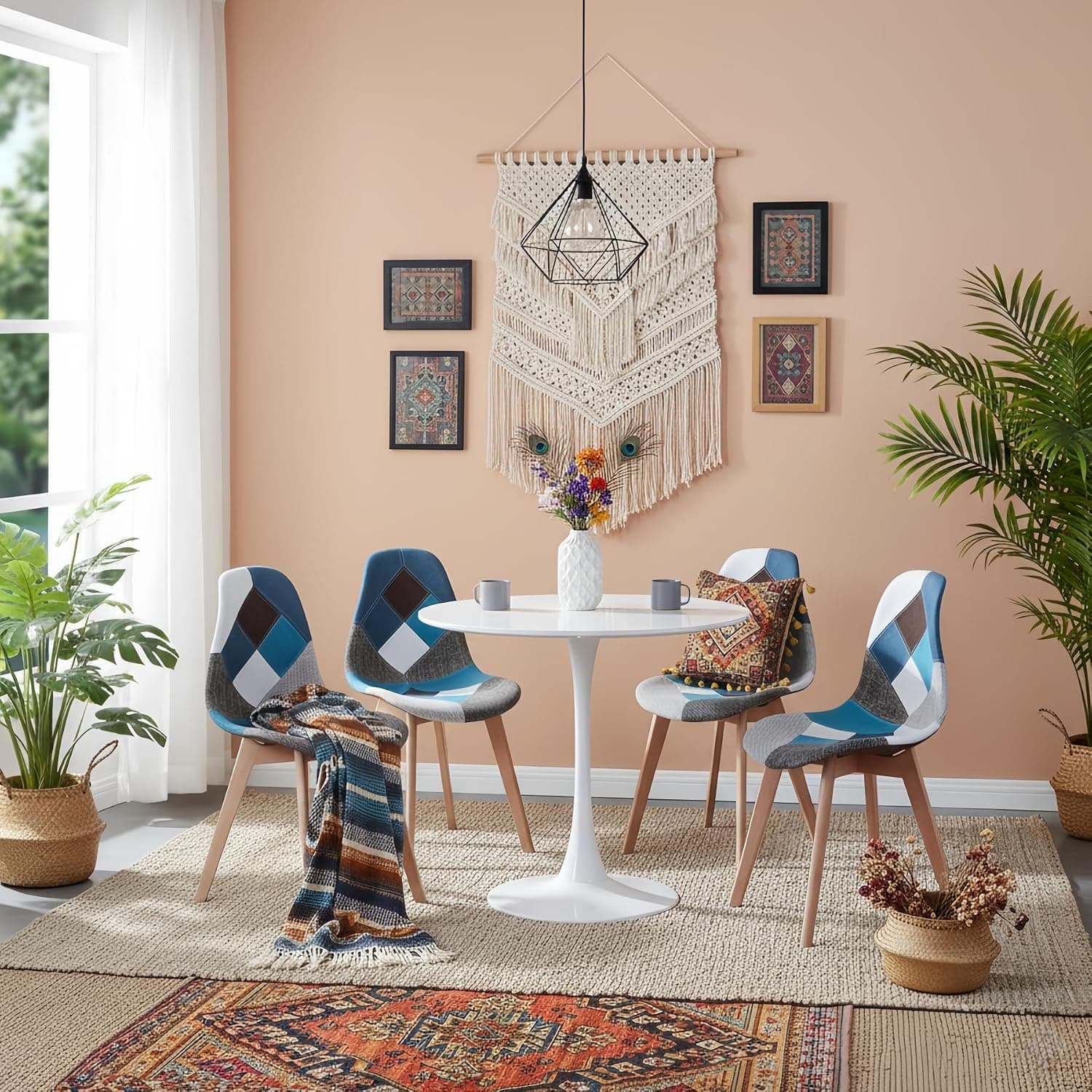 Lot de 4 chaises de Salle à Manger, Fauteuil scandinave Patchwork rembourré pour Cuisine et Bureau, Coussin de siège en Coton et Lin, Pieds croisés en hêtre (Bleu, 4)