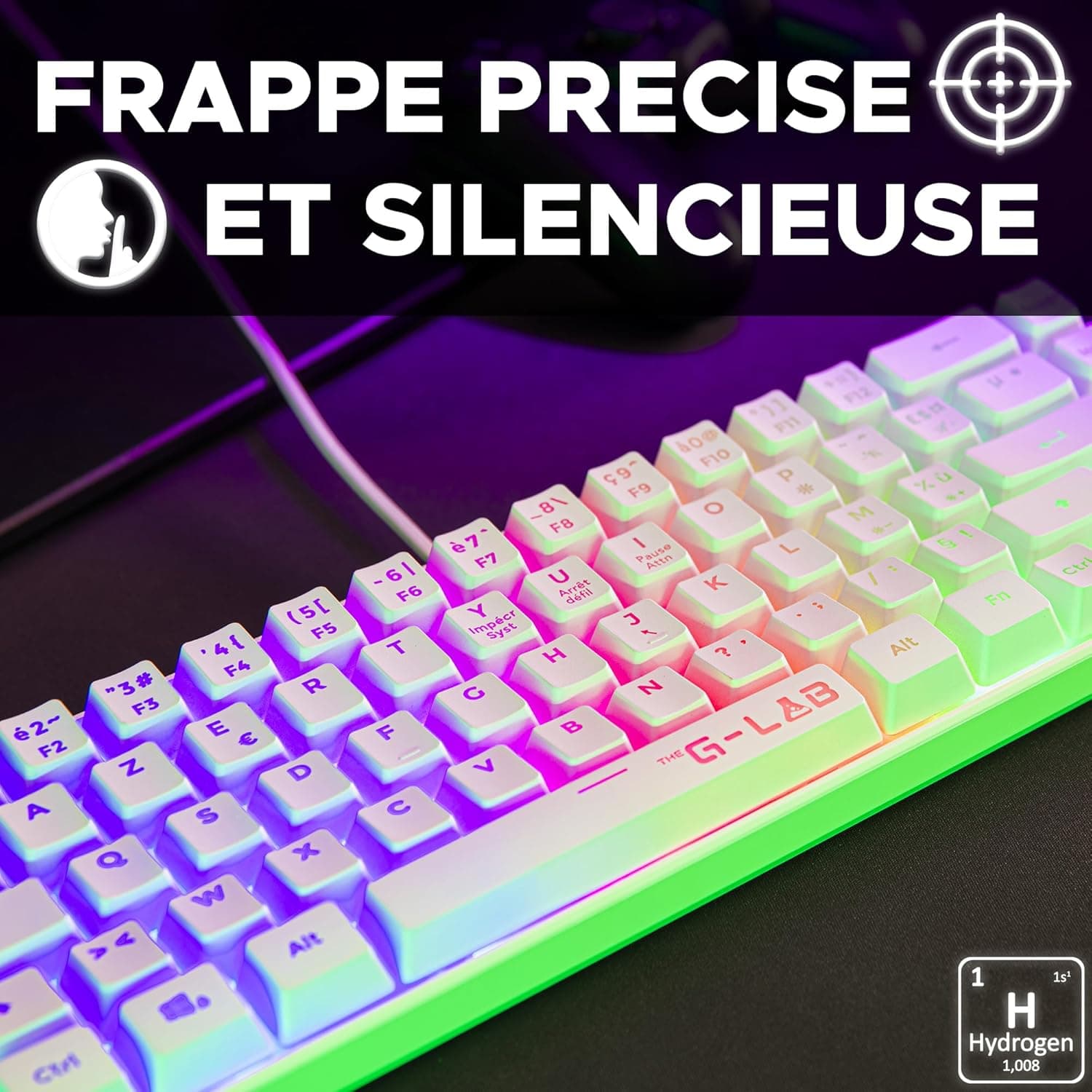 The G-Lab Keyz Hydrogen, Clavier Gamer 60%, Semi-mécanique Filaire Azerty, Rétroéclairage Multicolore- Mini Clavier Gamer Silencieux, Format Compact TKL - PC/PS5 (Blanc) | Filaire USB, Format 60% Compact, Semi-mécanique, Rétroéclairage Multicolore, Silencieux, Blanc, Compatible PC/PS5