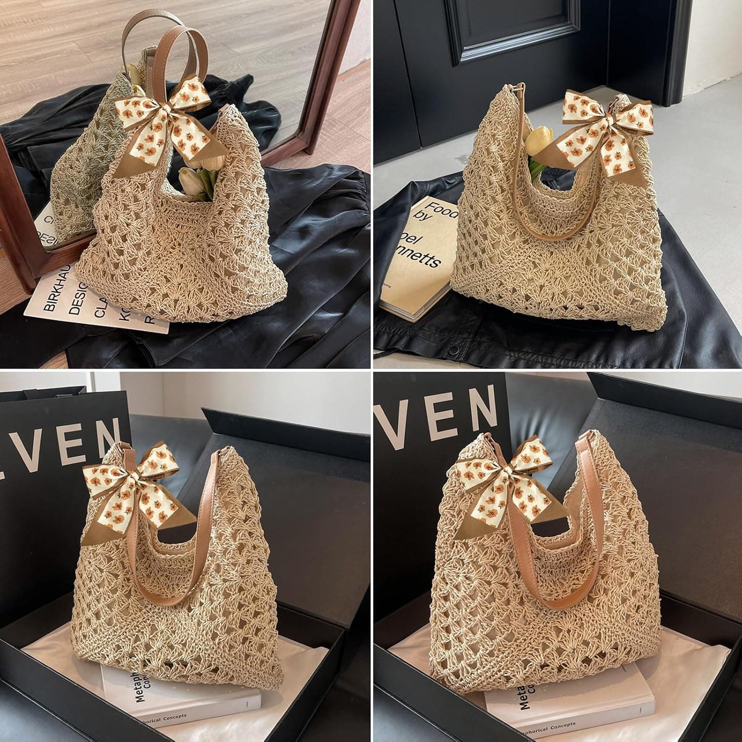 Sac à Bandoulière en paille pour Femmes Filles, Sac a Main Femme Paille Ete, sSac de Plage, sSac en Paille, pour Vacances Voyages, Bohème Esthétique à Main et à Provisions