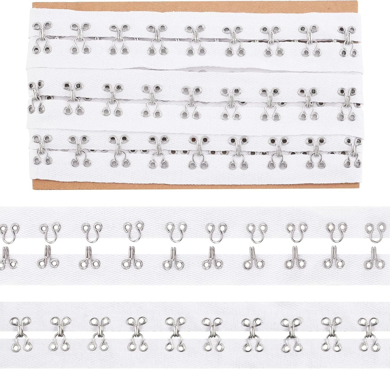 nbeads 3 Verges (2.74 m) Crochet et Oeil Ruban en Coton, 2.5cm Large, Blanc avec Bordure en Métal Argenté pour Corset, Soutien-Gorge, Couture, Costumes, Mariée, Décor, Robe