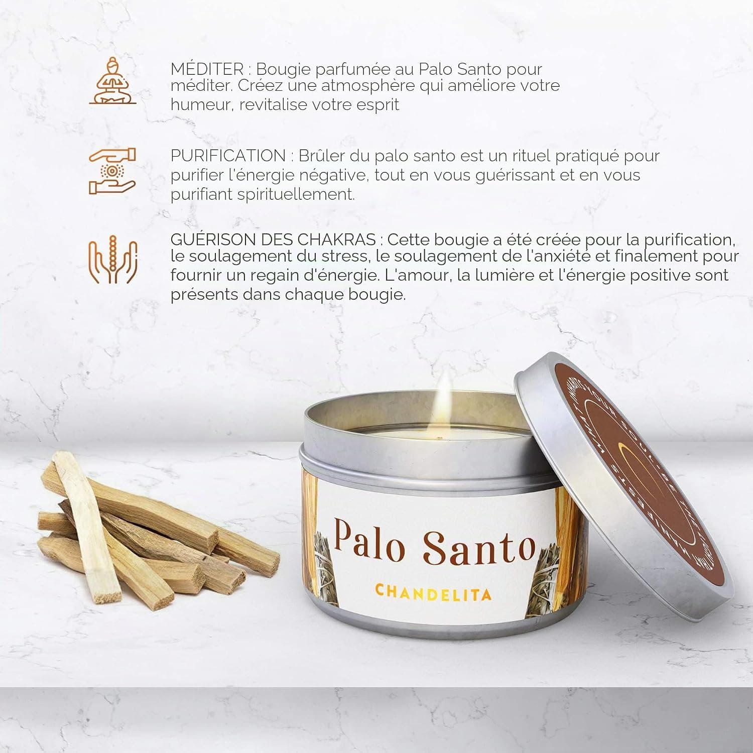 Bougie Parfumées au Palo Santo avec Cire de Soja pour Purification de l’Énergie, Nettoyage Spirituel, Relaxation, Méditation & Guérison des Chakras – Bougie Parfumée – Bougies Parfumée