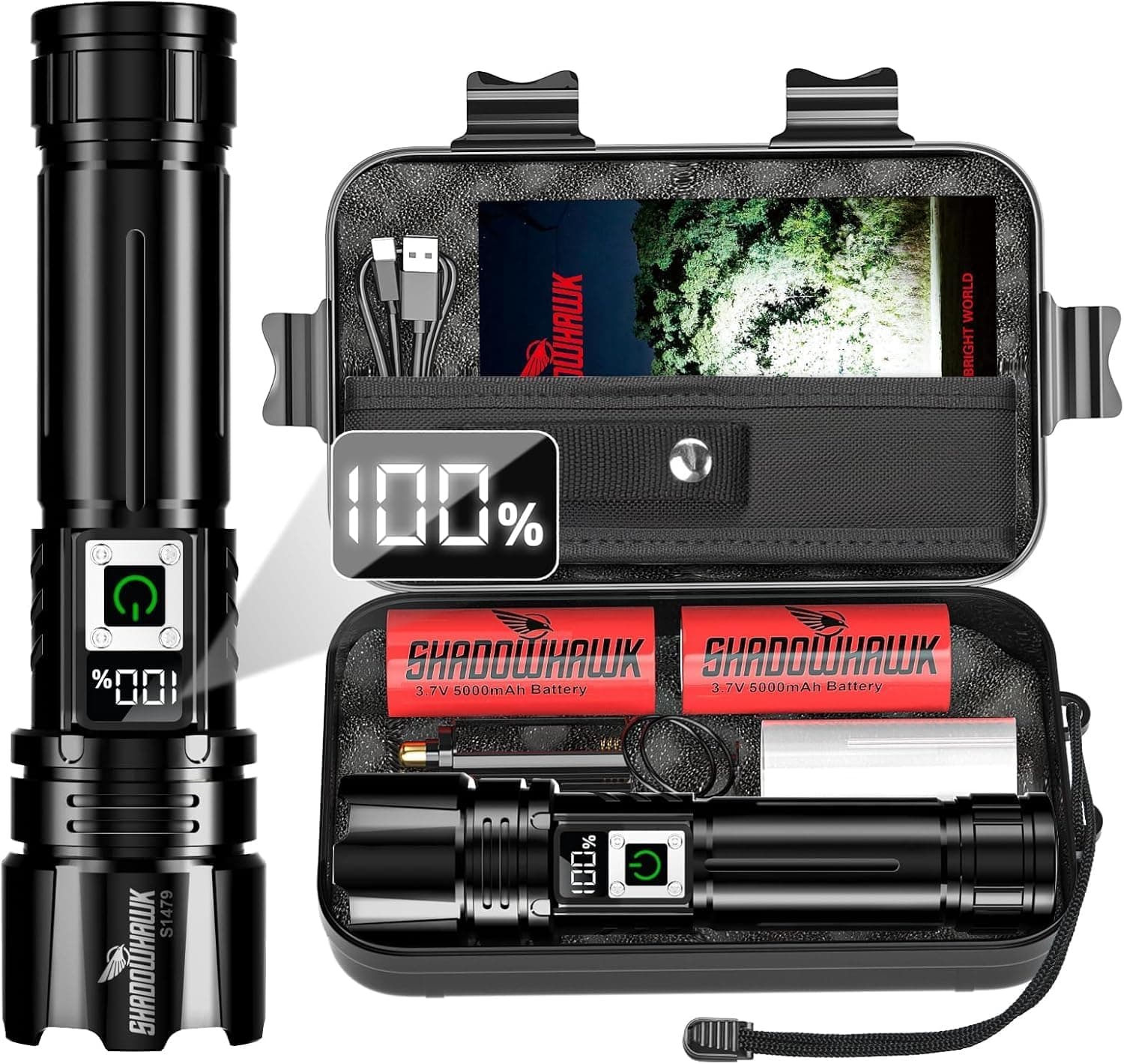 Shadowhawk Lampe Torche Led Ultra Puissante 24H Éclairag,2X5000mAh Batterie