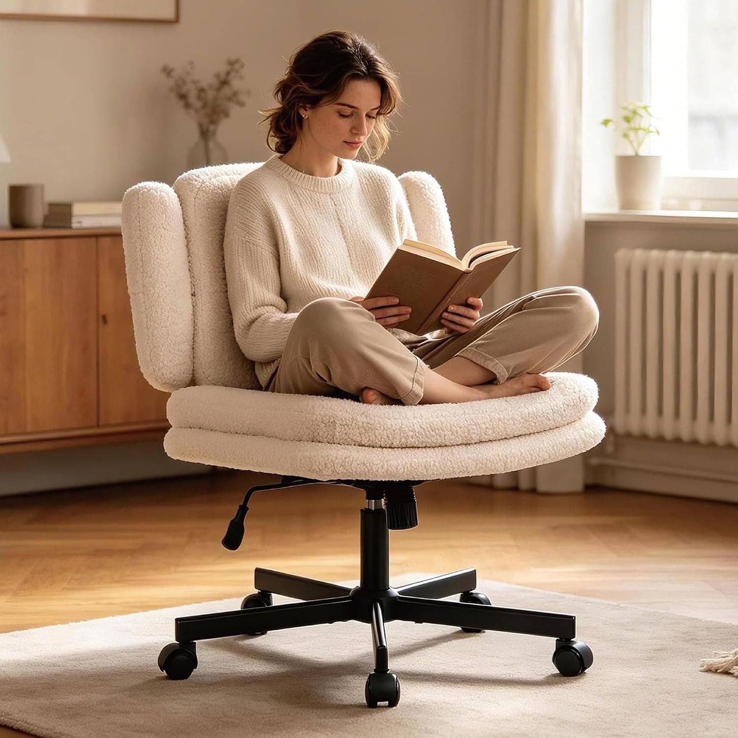 Flysky Chaise de Bureau, Fauteuil Tailleur, Rotatif, Crème