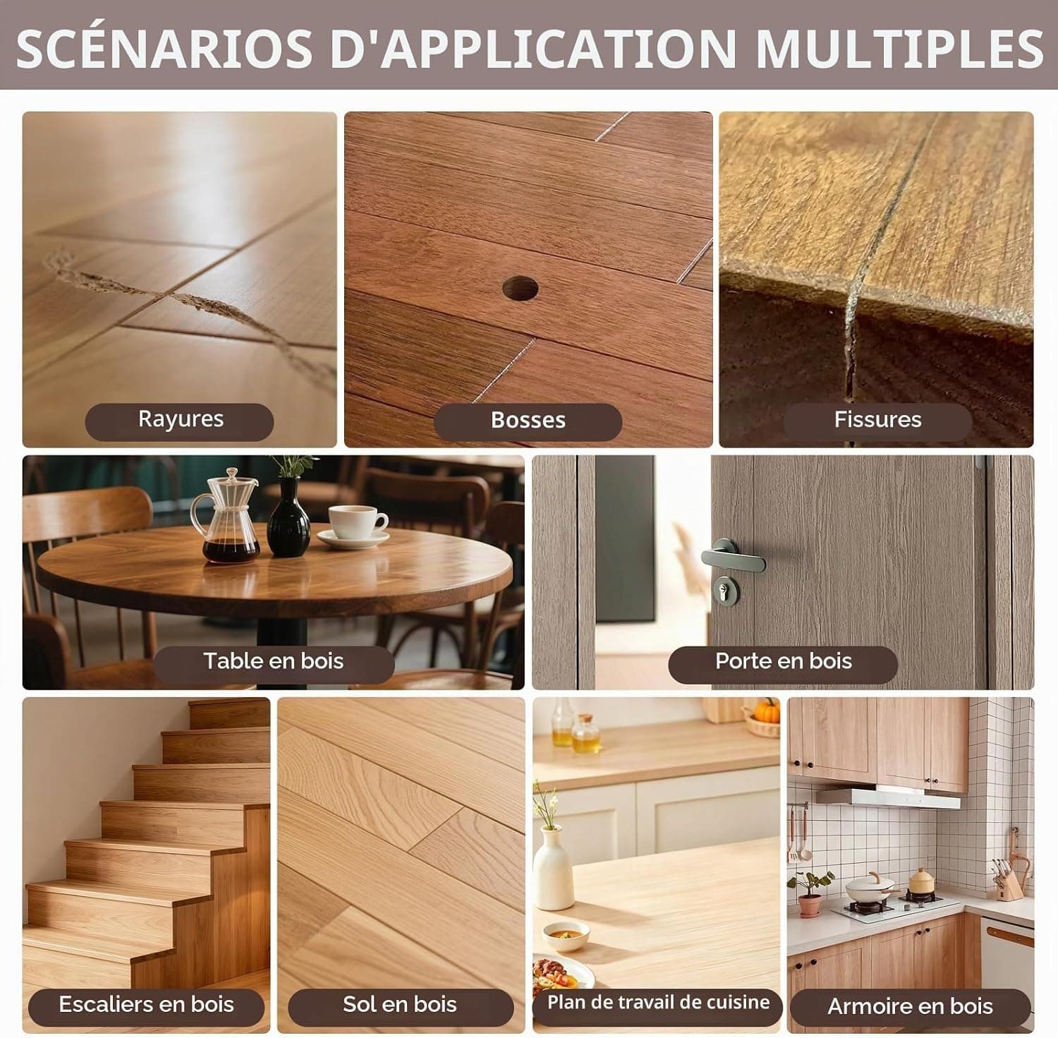 Pate a Bois 8 Couleurs Gris, Pate a Bois Rebouchage, Kit Reparation Parquet