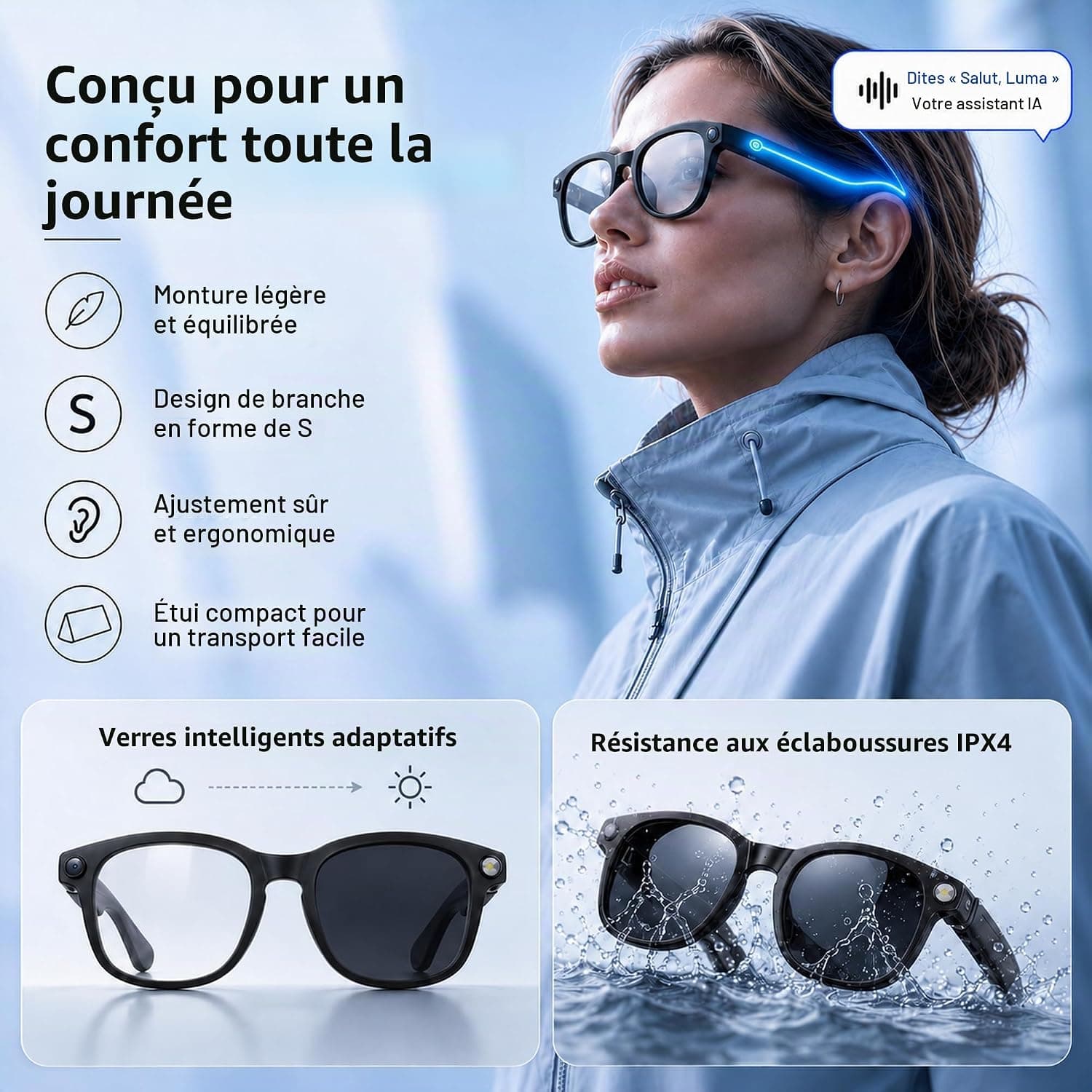 Lunettes Connectées IA Caméra 8MP Traduction en Temps Réel Assistant Vocal