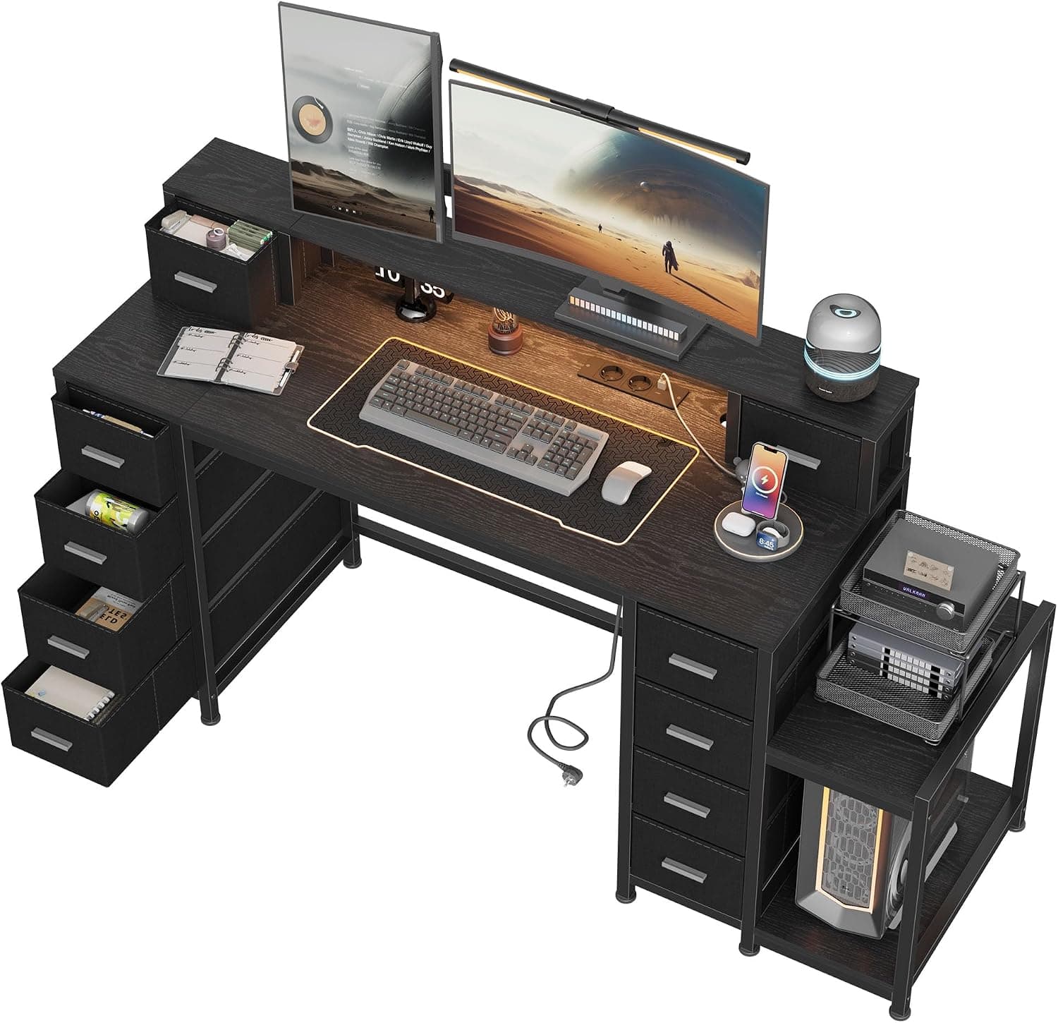 Hzuaneri Bureau Gaming LED 128x48cm 10 tiroirs Noir