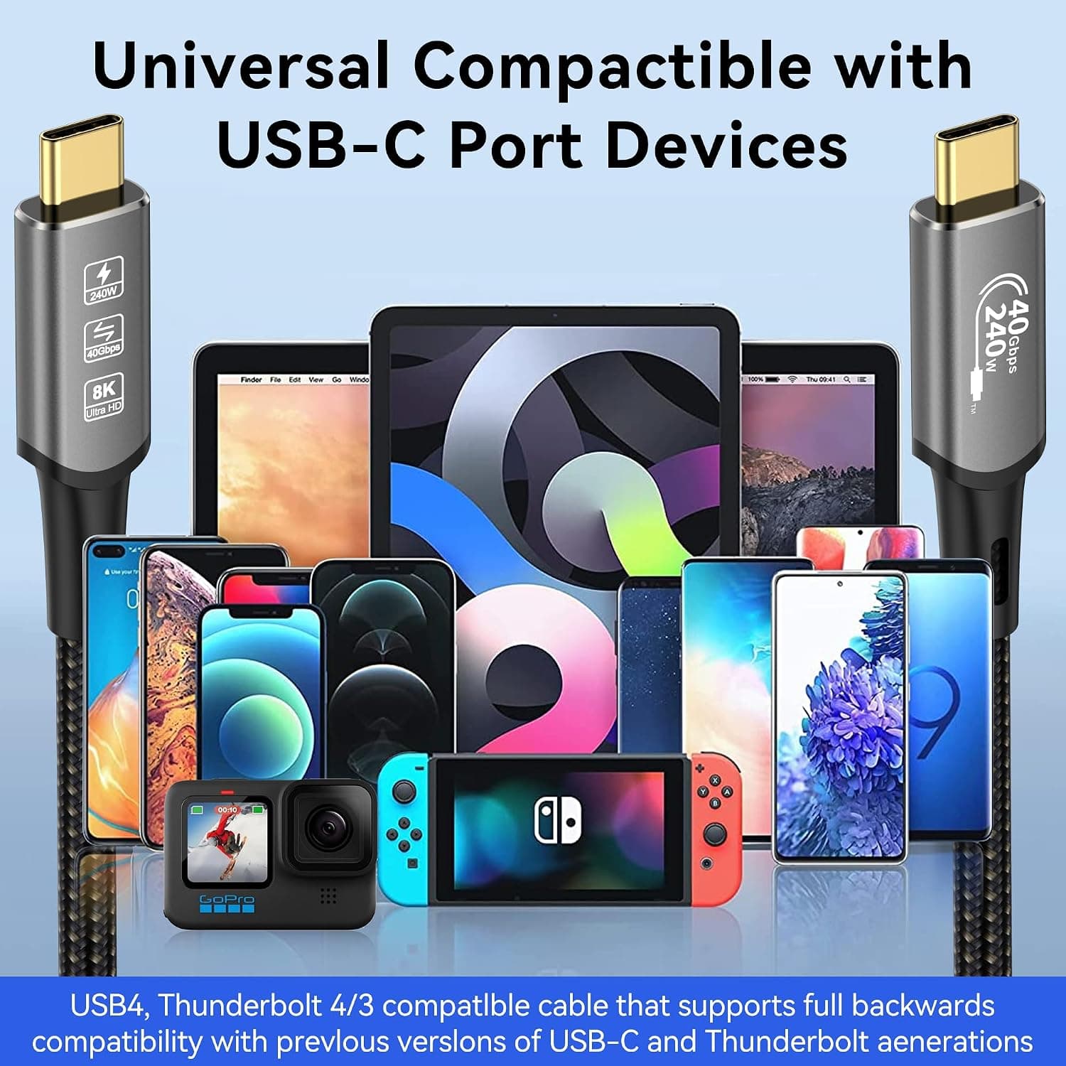 Câble d'extension USB 4 Thunderbolt 4 240 W 8K USB C M/M Charge rapide 40 Gbit/s Câble de transmission de données 8K @ 60 Hz 4K @ 144 Hz Compatible avec MacBook M1 M2 M3 (0,5 m)