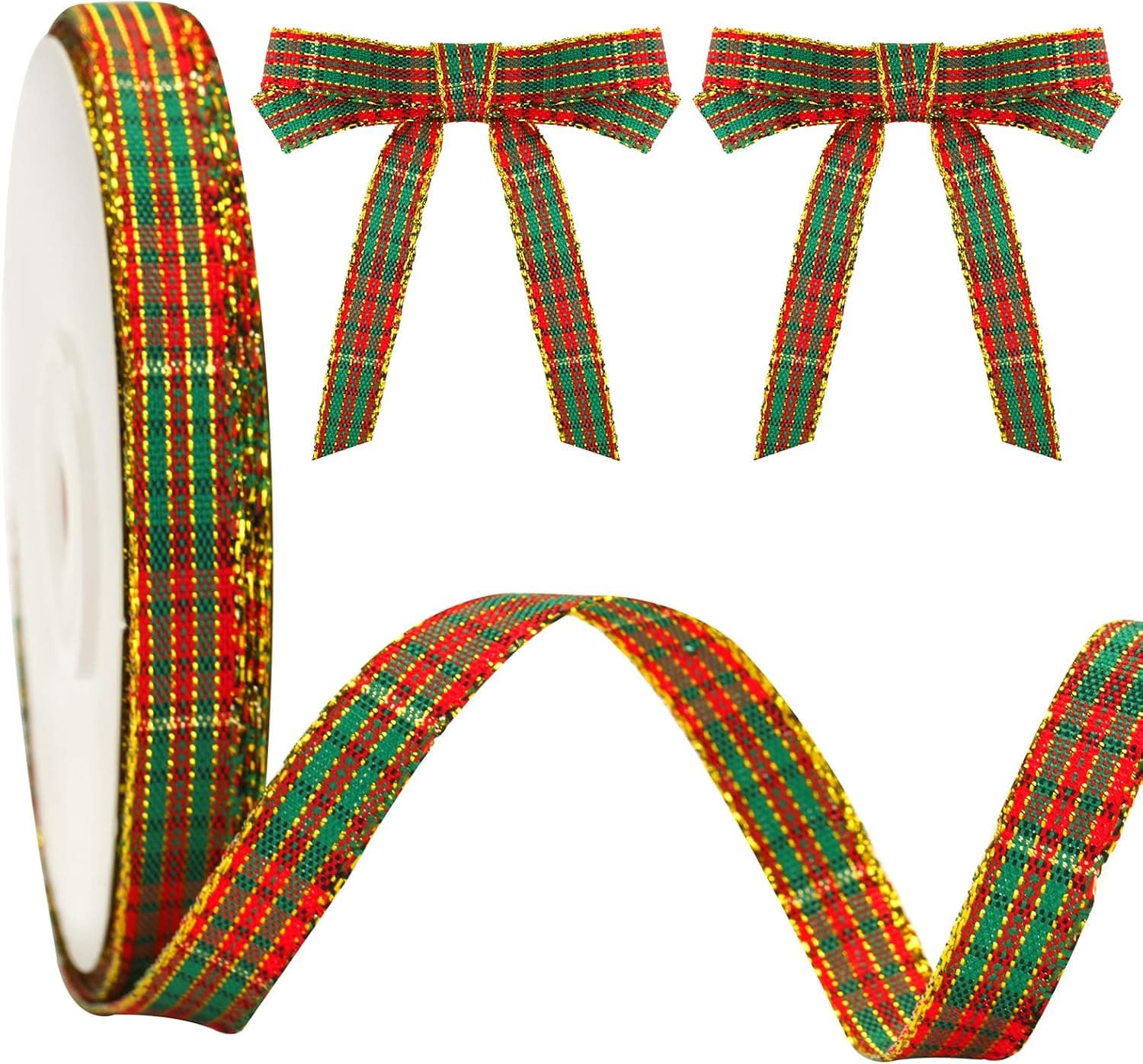 jijAcraft Ruban de Noël 10 mm de large, ruban décoratif de Noël rouge et vert, ruban à carreaux avec bord doré, ruban cadeau de 22 m pour bricolage, emballage cadeau et décoration de Noël