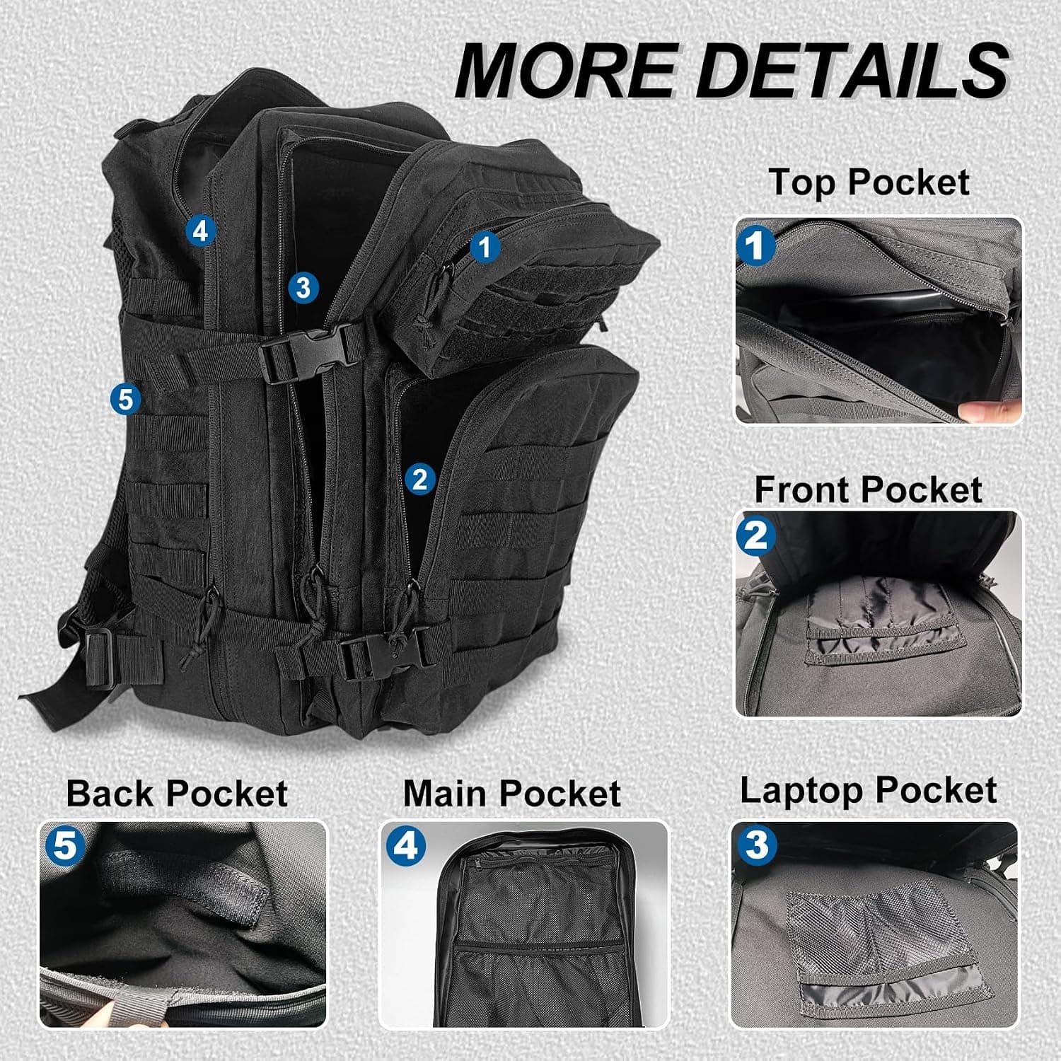 HEMSO Grand Sac à Dos Militaire 45L,Sac de Voyage Système MOLLE,Sac Crossfit de Sport pour Randonnée Trekking Moto Camping Voyage Pêche Alpinisme École (Noir)