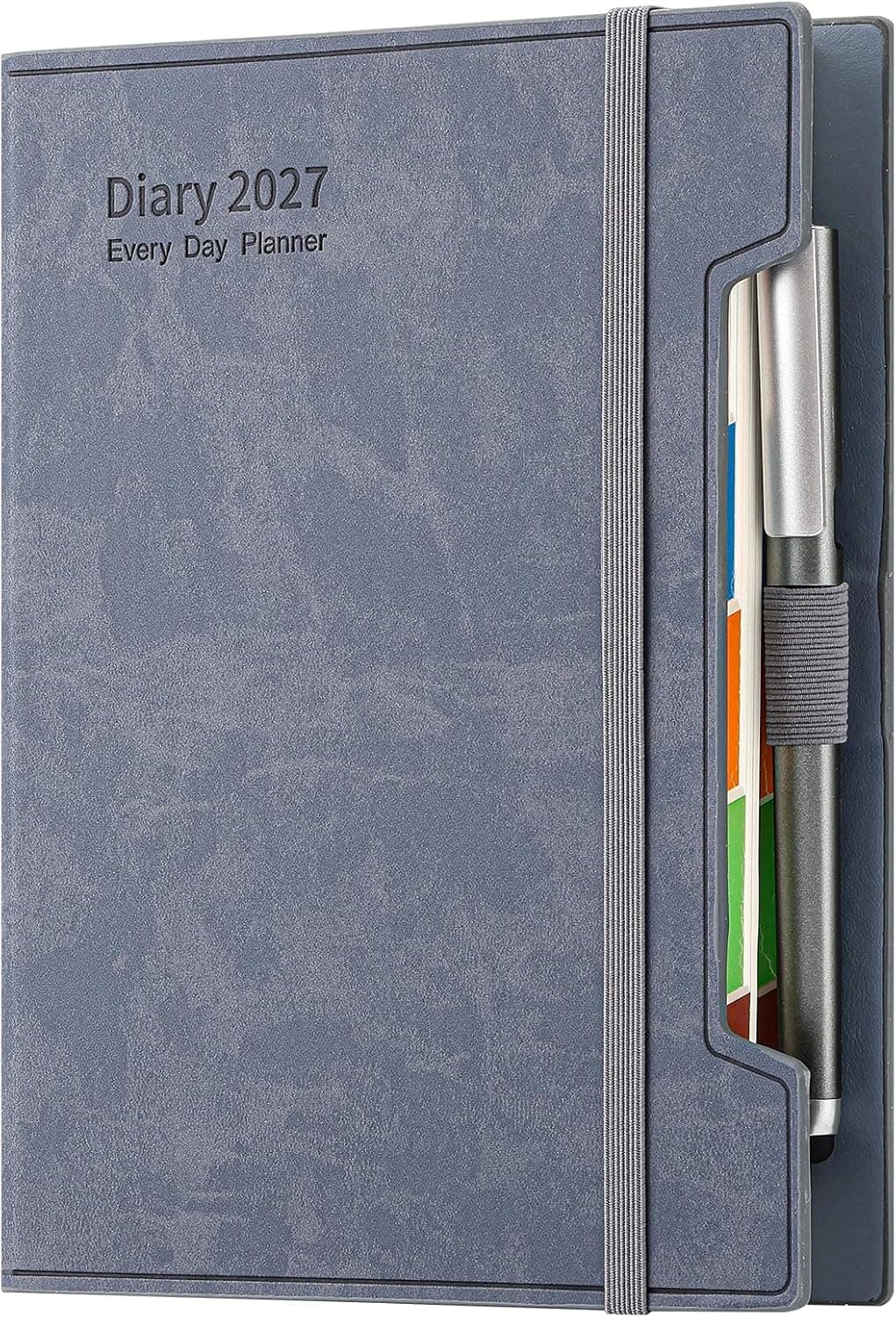 Agenda scolaire journalier 2027 de janvier 2027 à décembre 2027 - 12 mois par page - Format A5 - Couverture rigide, stylo, boucle pour stylo et autocollants - Bleu