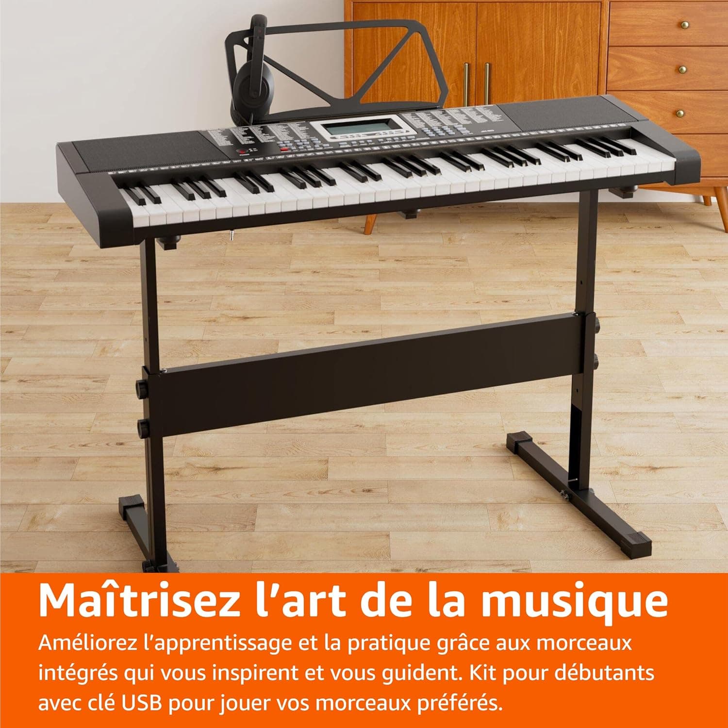 Amazon Basics Clavier de piano numérique portable 61 touches Haut-parleurs et chansons intégrés Prise européenne, 93 x 30.4 x 9.32 cm (L x l x H), Noir