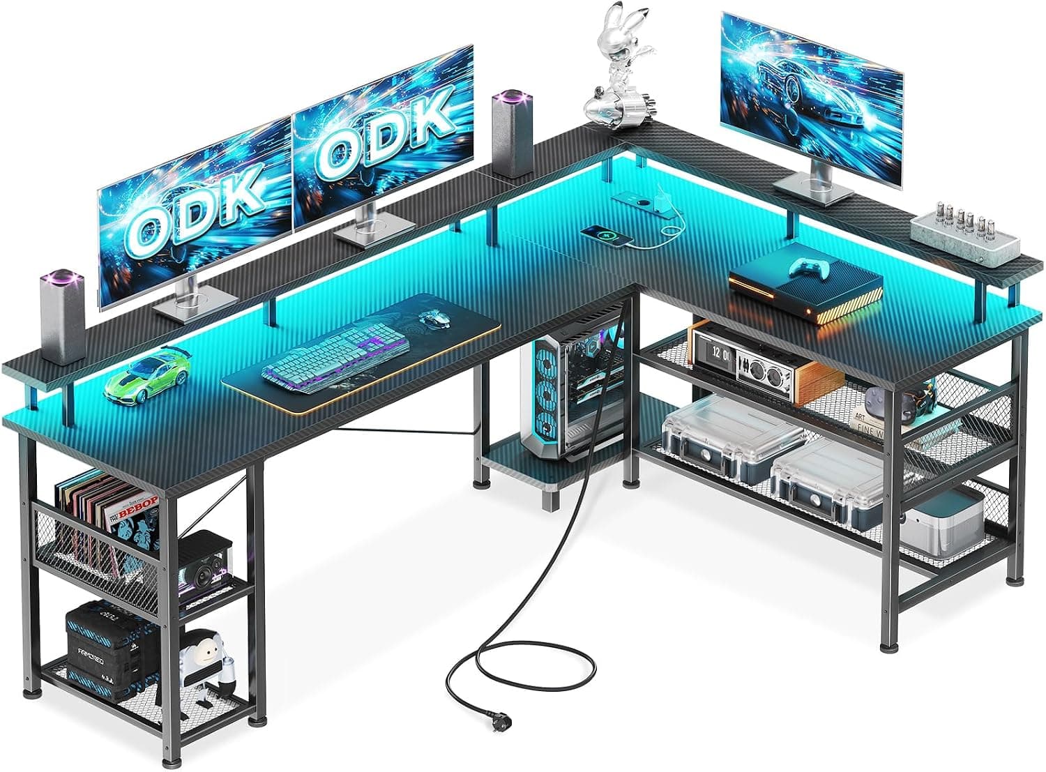 ODK Bureau Gaming d'angle LED, 168×120cm, Noir Carbone