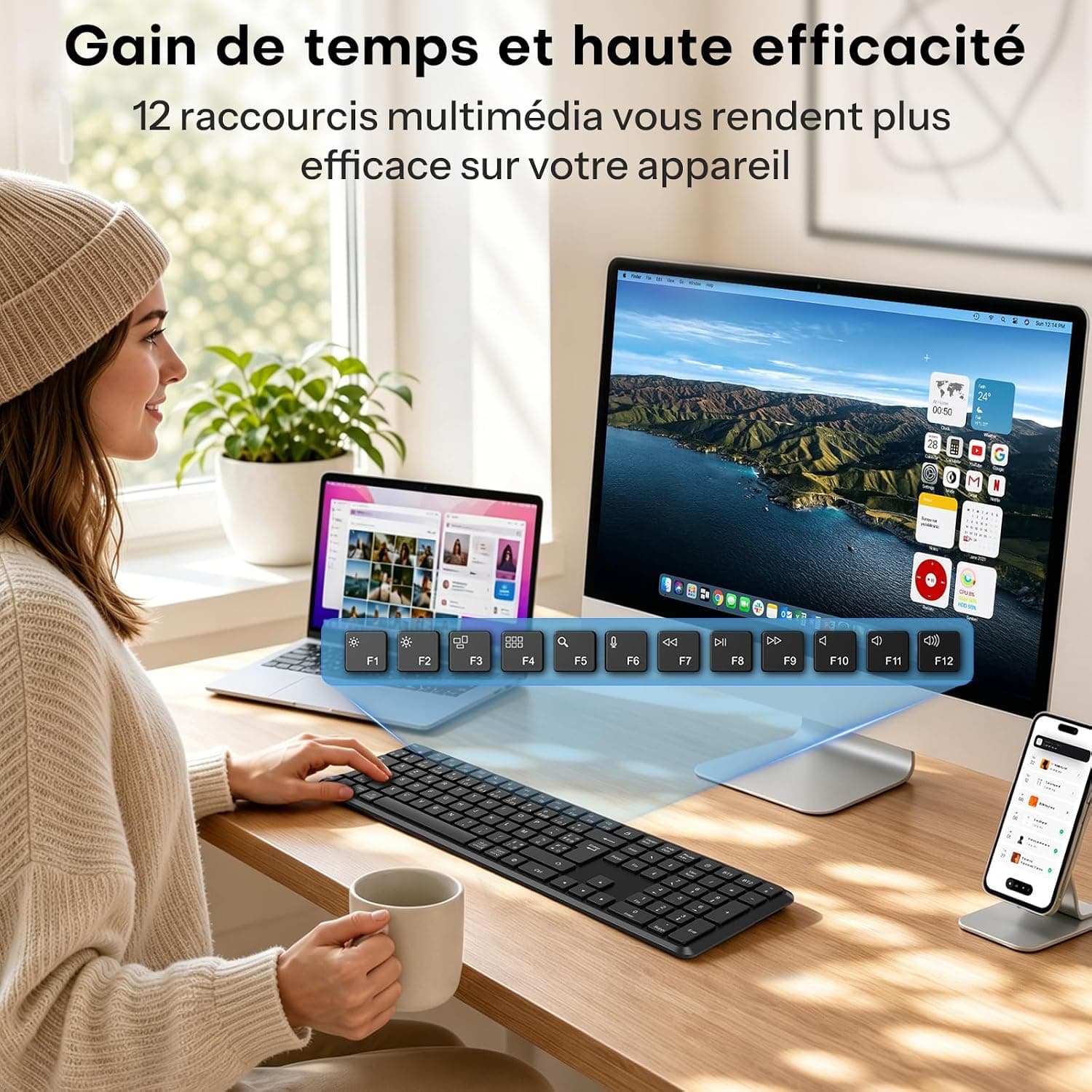 OMOTON Clavier sans Fil Bluetooth + 2.4G AZERTY pour PC/Windows/Mac, Noir | 3 Canaux Multi-appareils, Pleine Taille, Rechargeable USB-C, Ultra-Mince, Silencieux, Les Ciseaux, Ergonomique