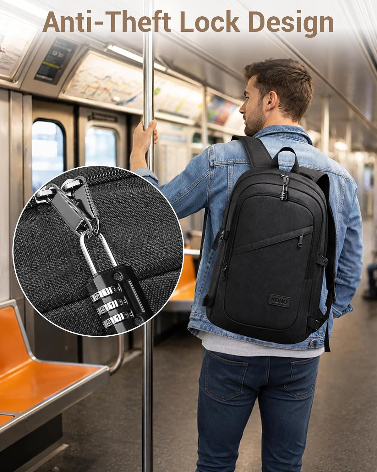 Kono Sac à Dos Ordinateur Portable Antivol avec Cadenas 15,6 Pouces Homme | Port USB, Compartiment PC Rembourré, Sac à Dos PC Portable, Homme Femme, Travail, Voyage, Vélotaf, Université, Noir