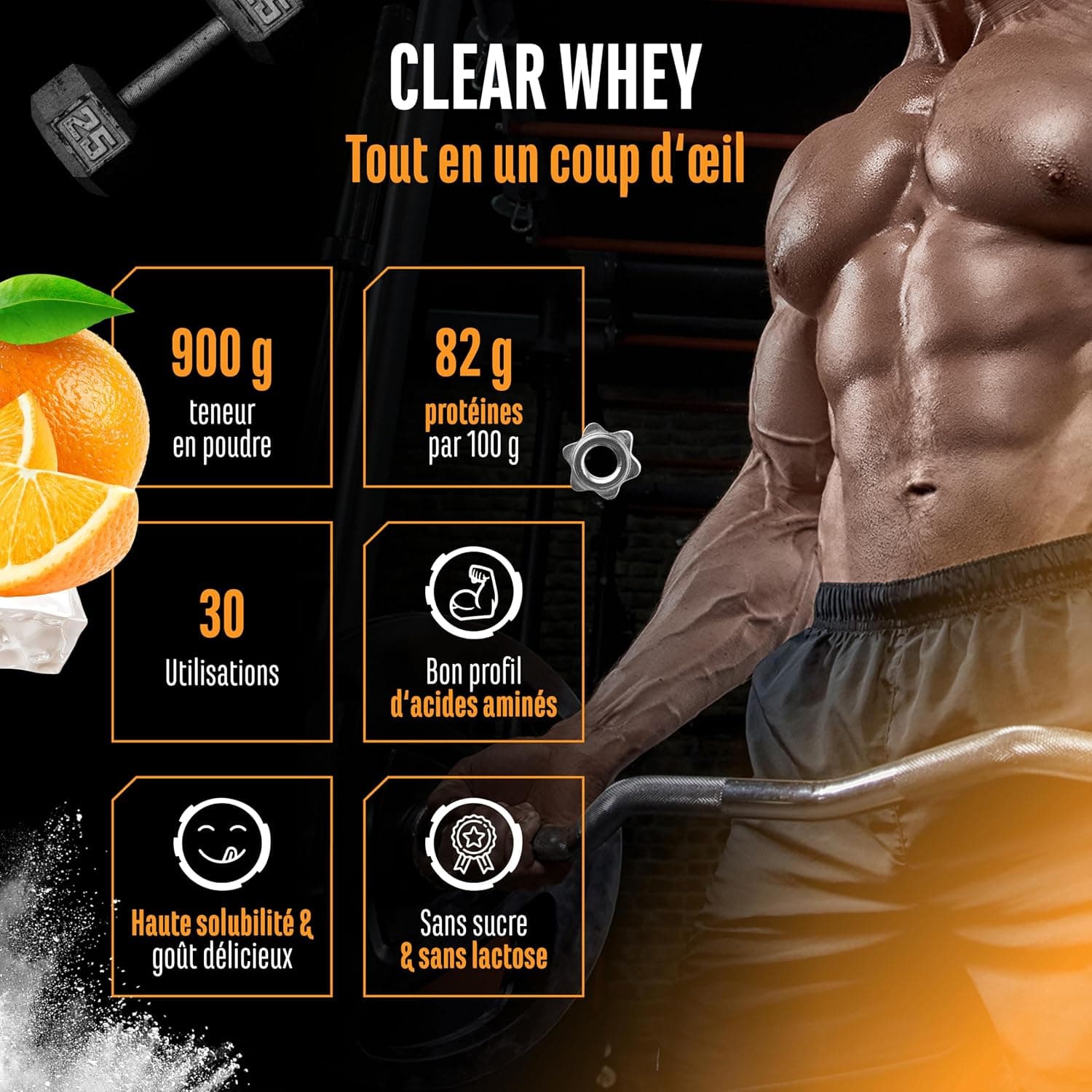 Clear Whey Isolate Protein Shake - Shake Protéiné Fruité & Rafraîchissant - Isolat de Protéines de Lactosérum de haute Qualité (900g, Orange Fraîche)