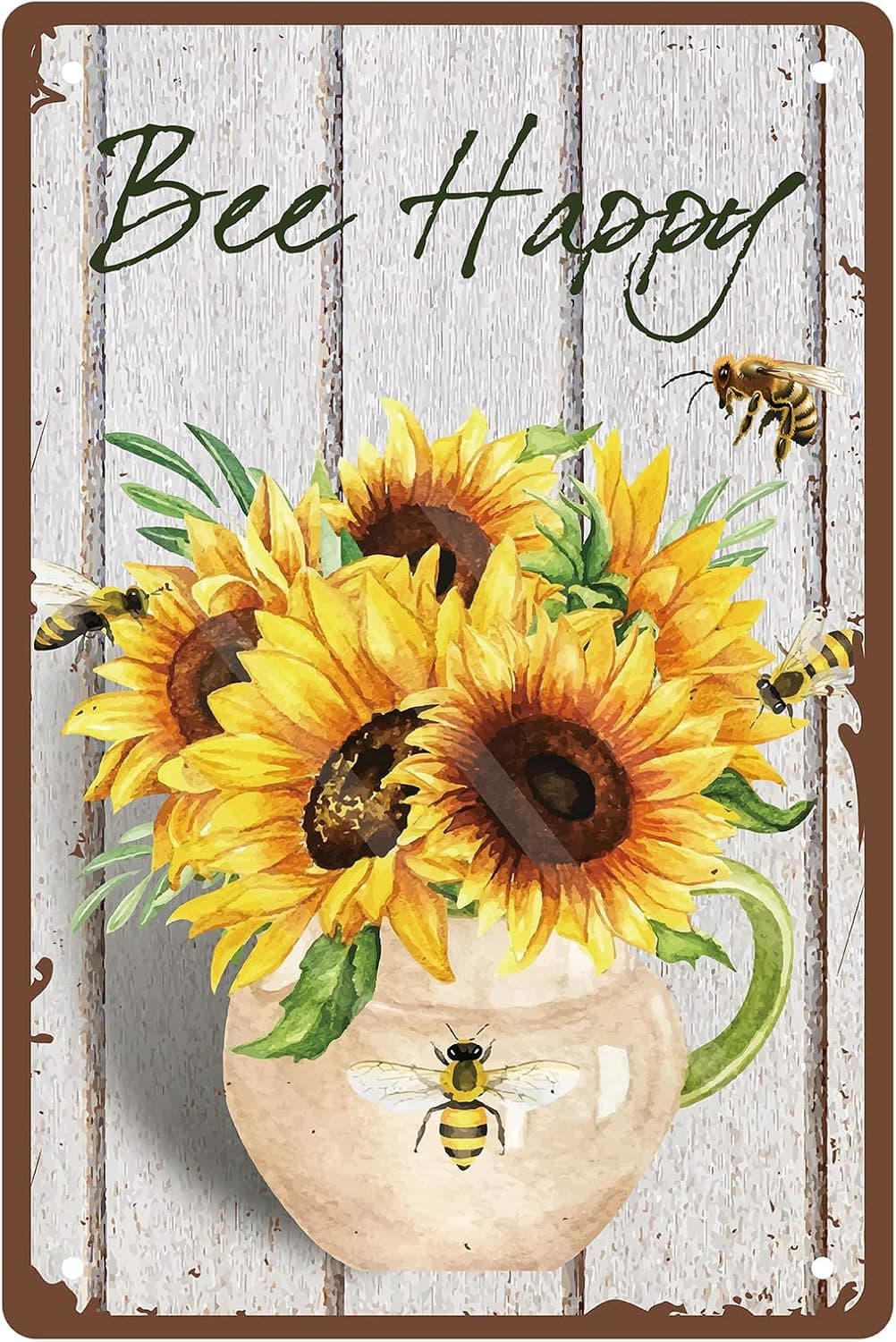 CREATCABIN Bee Happy Métal Tin Sign Tournesol Fleur Vase Métal Décoration Murale Art Affiche Vintage Fer Peinture Rétro Plaque pour Maison Chambre Salon Jardin Cour Intérieur Extérieur 30x20cm