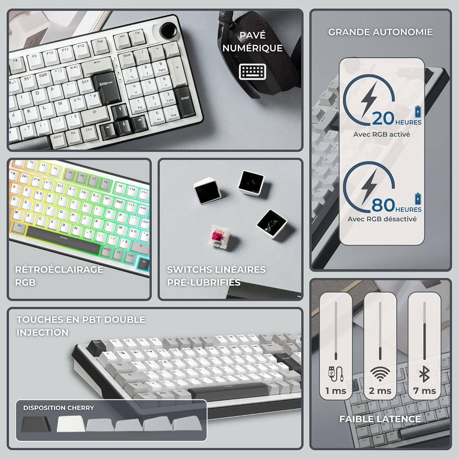 The G-Lab Keyz Elite 400 WG - Clavier Gamer sans Fil Mécanique AZERTY FR | Sans Fil Tri Mode 2.4GHz/Bluetooth/Filaire, Switch Mécanique Hot Swap Pré-lubrifiés, Gasket 5 Couches, RGB