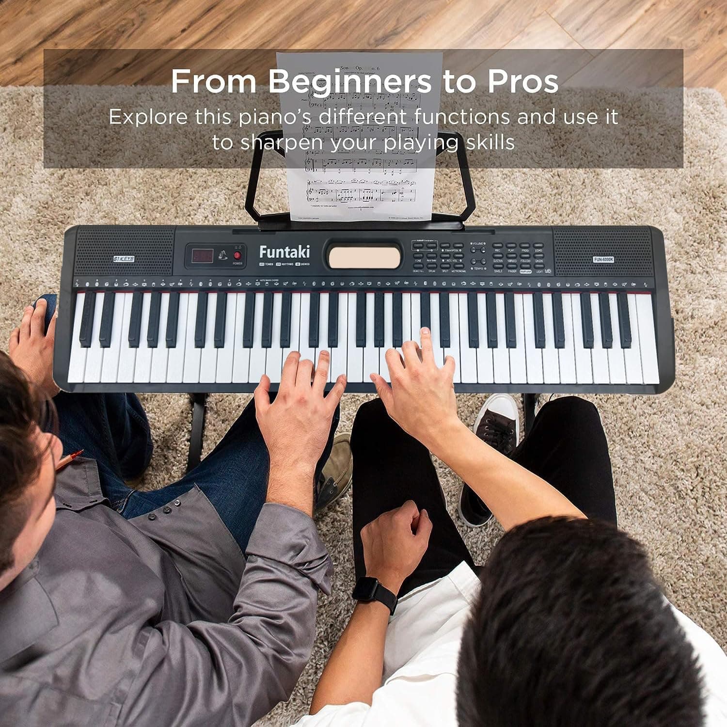 Piano à clavier électronique à 61 touches pour adultes et enfants avec touches lumineuses, connectivité MIDI et modes d'apprentissage – Piano parfait pour débutant (minuit)