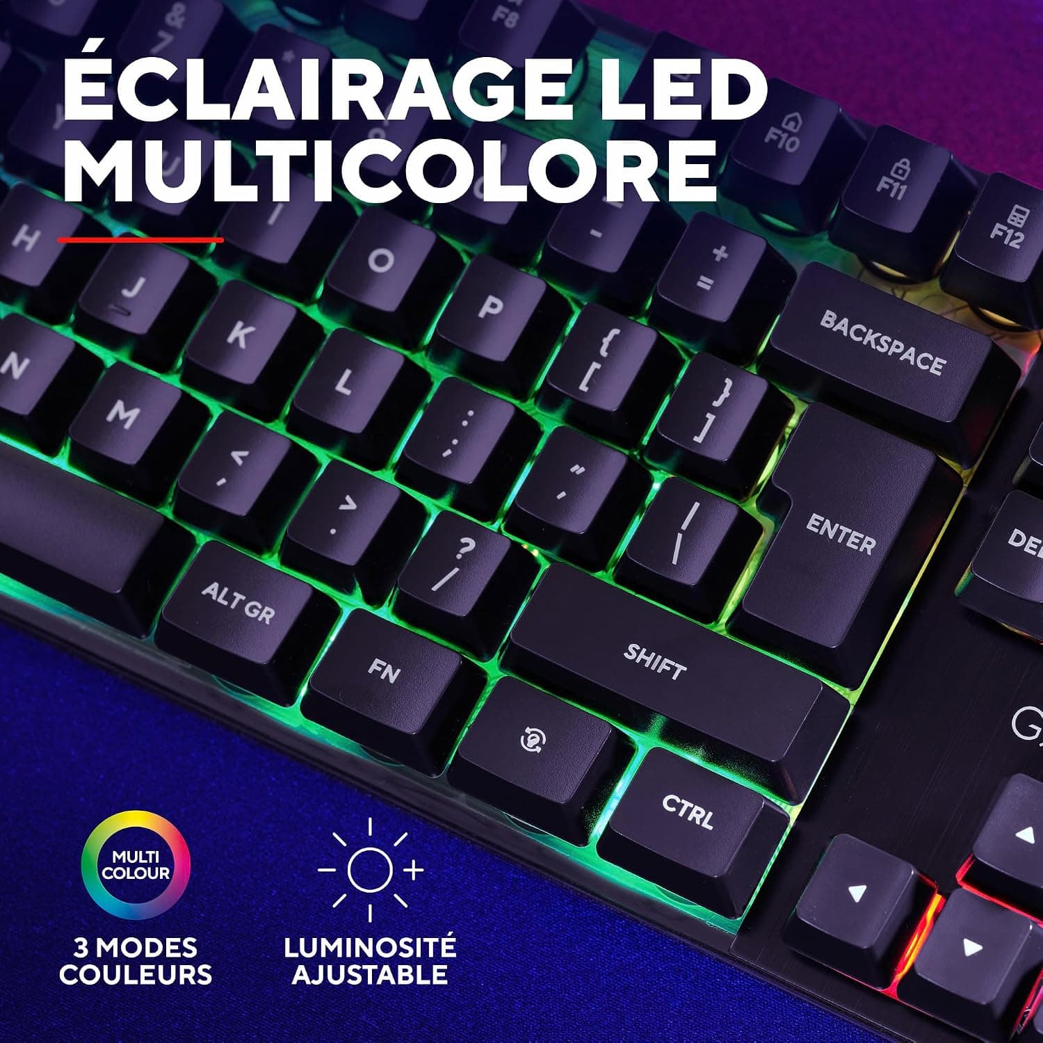 GXTrust Azor Clavier Gamer Filaire AZERTY Français, Éclairage LED, Noir | Mode Jeu, 8 Touches Anti-ghosting, Clavier Gaming à Membrane USB, LED Arc-en-Ciel, PC/Ordinateur Portable