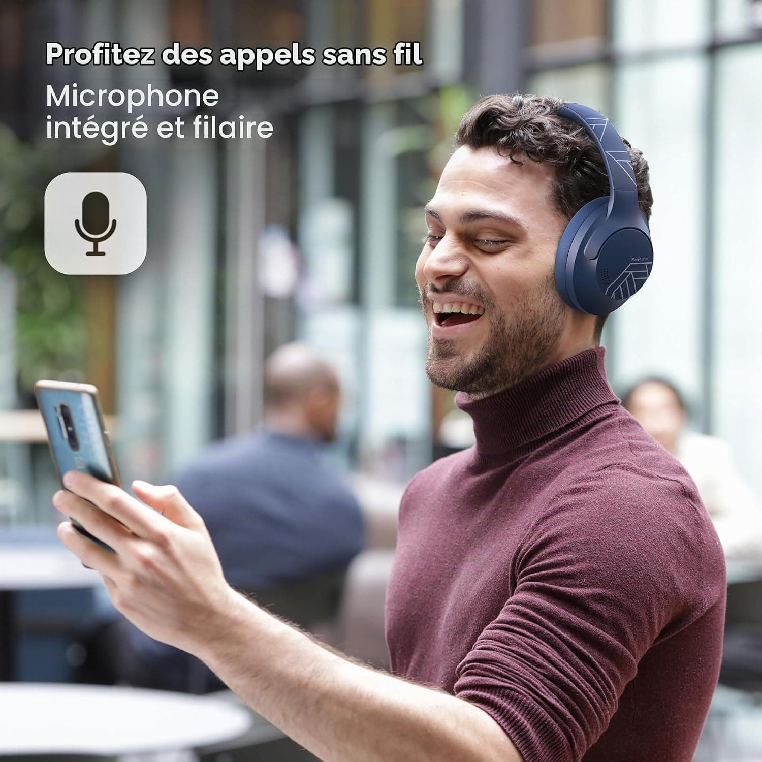 PowerLocus Casque Bluetooth sans Fil, 50 h de Jeu, Casque Audio Bluetooth 5.3 avec 4 Modes EQ, Pliable, HiFi Stereo, avec Microphone pour iPhone/Voyage/PC (Bleu)