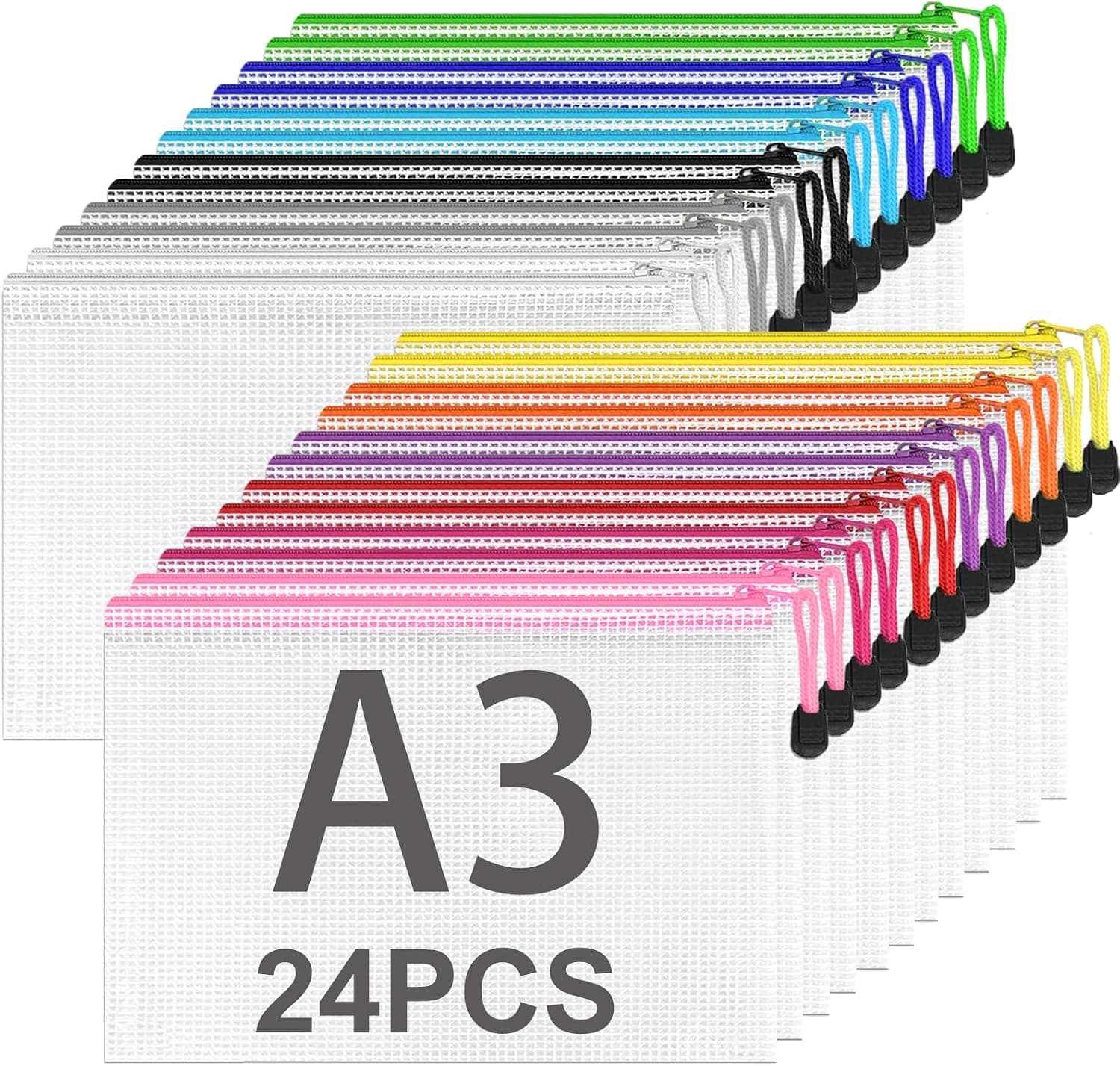 ASelected 24PCS Pochette Document A3, Pochette Zip Chemise PVC Mesh